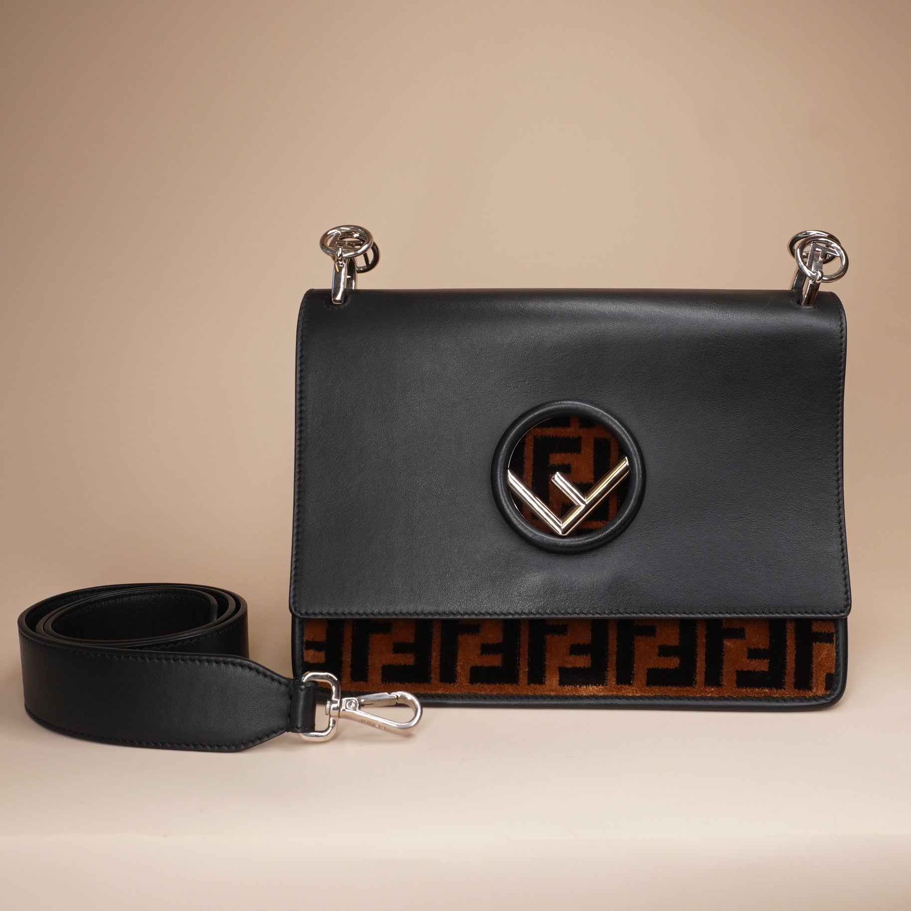 PRE-OWNED FF Black Brown Vitello Century Velvet F is Fendi FF Kan I Shoulder Bag