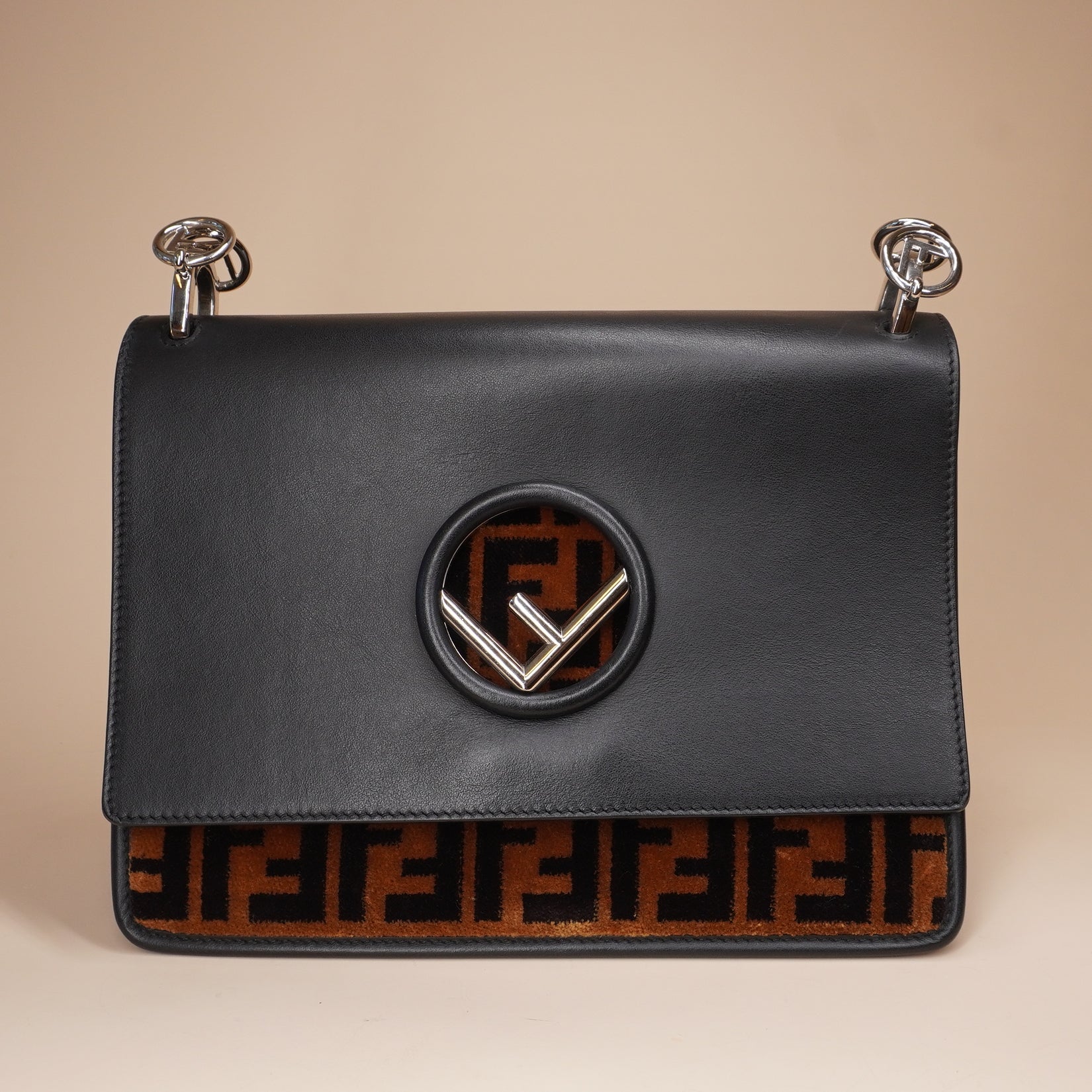 PRE-OWNED FF Black Brown Vitello Century Velvet F is Fendi FF Kan I Shoulder Bag