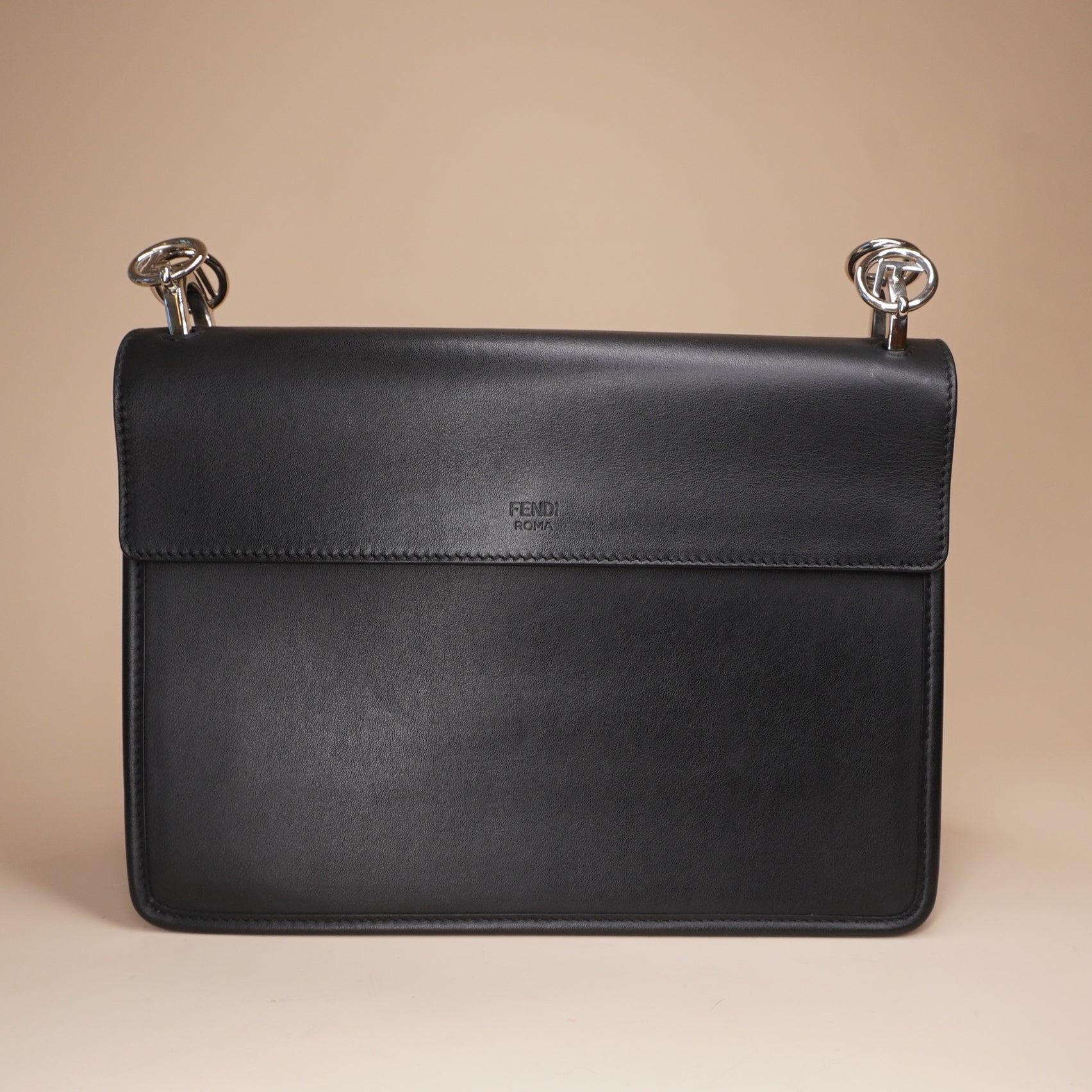 PRE-OWNED FF Black Brown Vitello Century Velvet F is Fendi FF Kan I Shoulder Bag