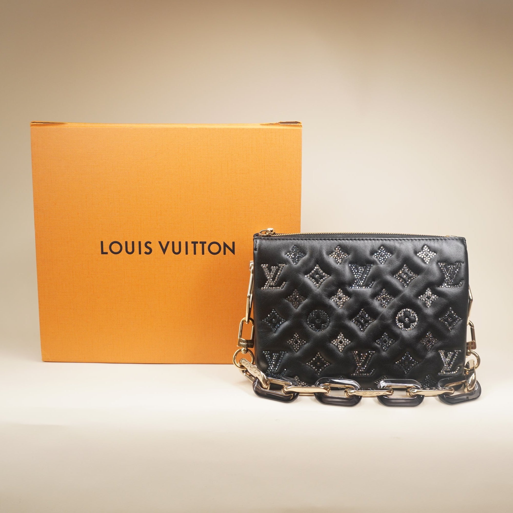 PRE-OWNED LV Black Crystals Lambskin Embossed Monogram Coussin BB