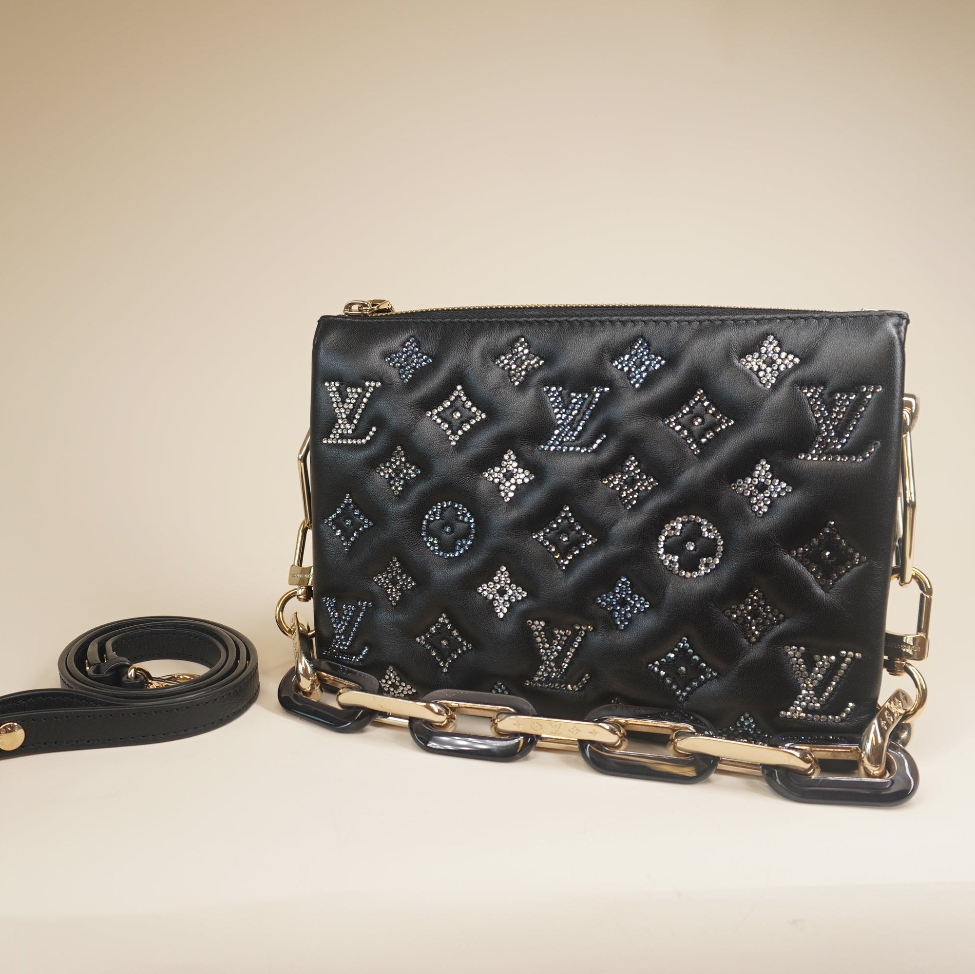 PRE-OWNED LV Black Crystals Lambskin Embossed Monogram Coussin BB