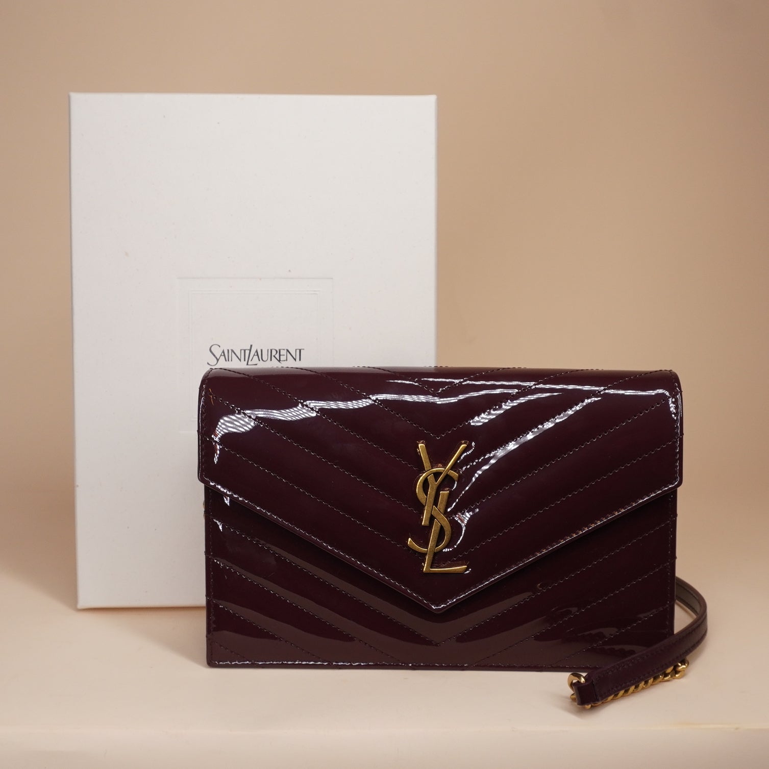 PRE-OWNED Dark Red Wine Patent Calfskin Matelasse Chevron Envelope Crossbody Bag
