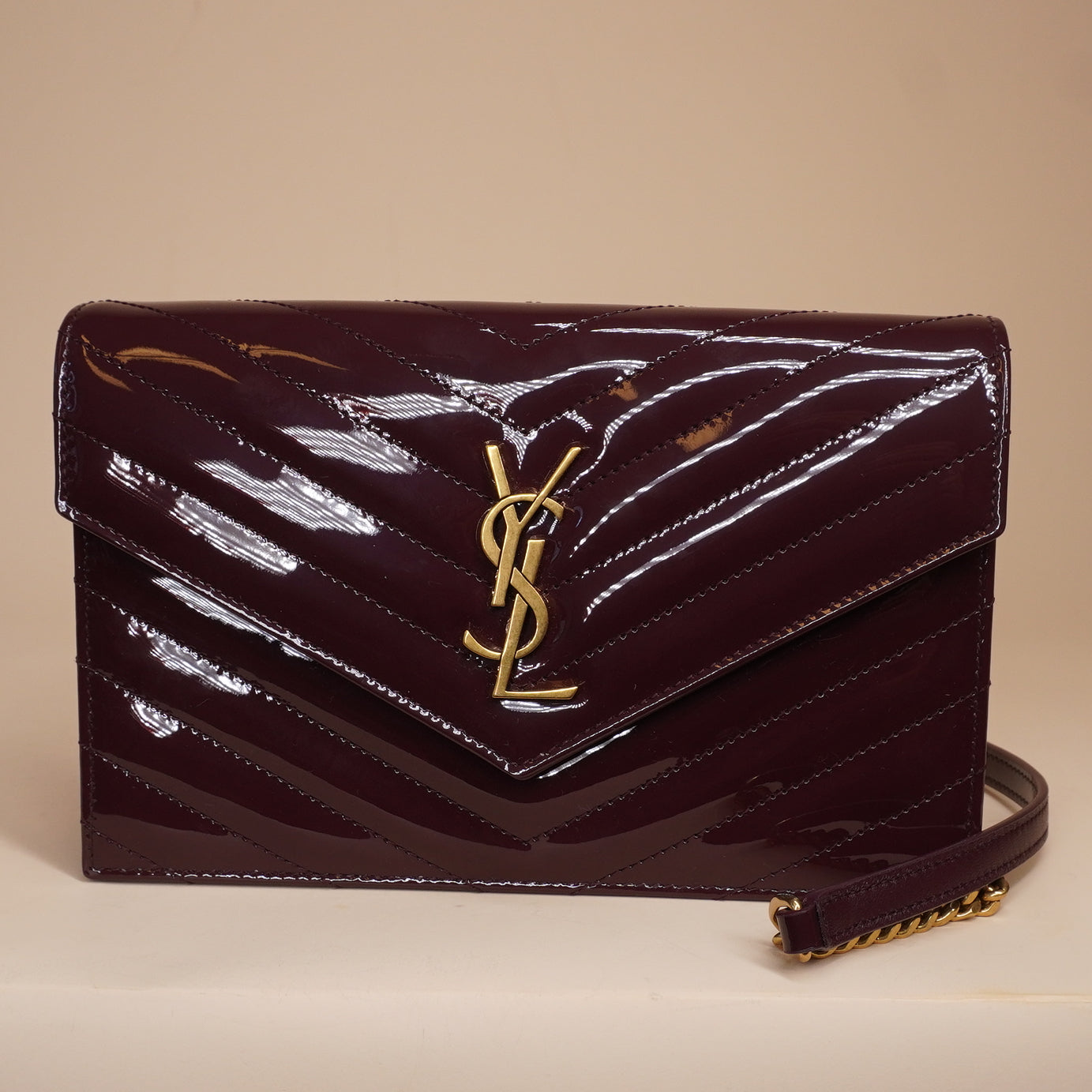 PRE-OWNED Dark Red Wine Patent Calfskin Matelasse Chevron Envelope Crossbody Bag