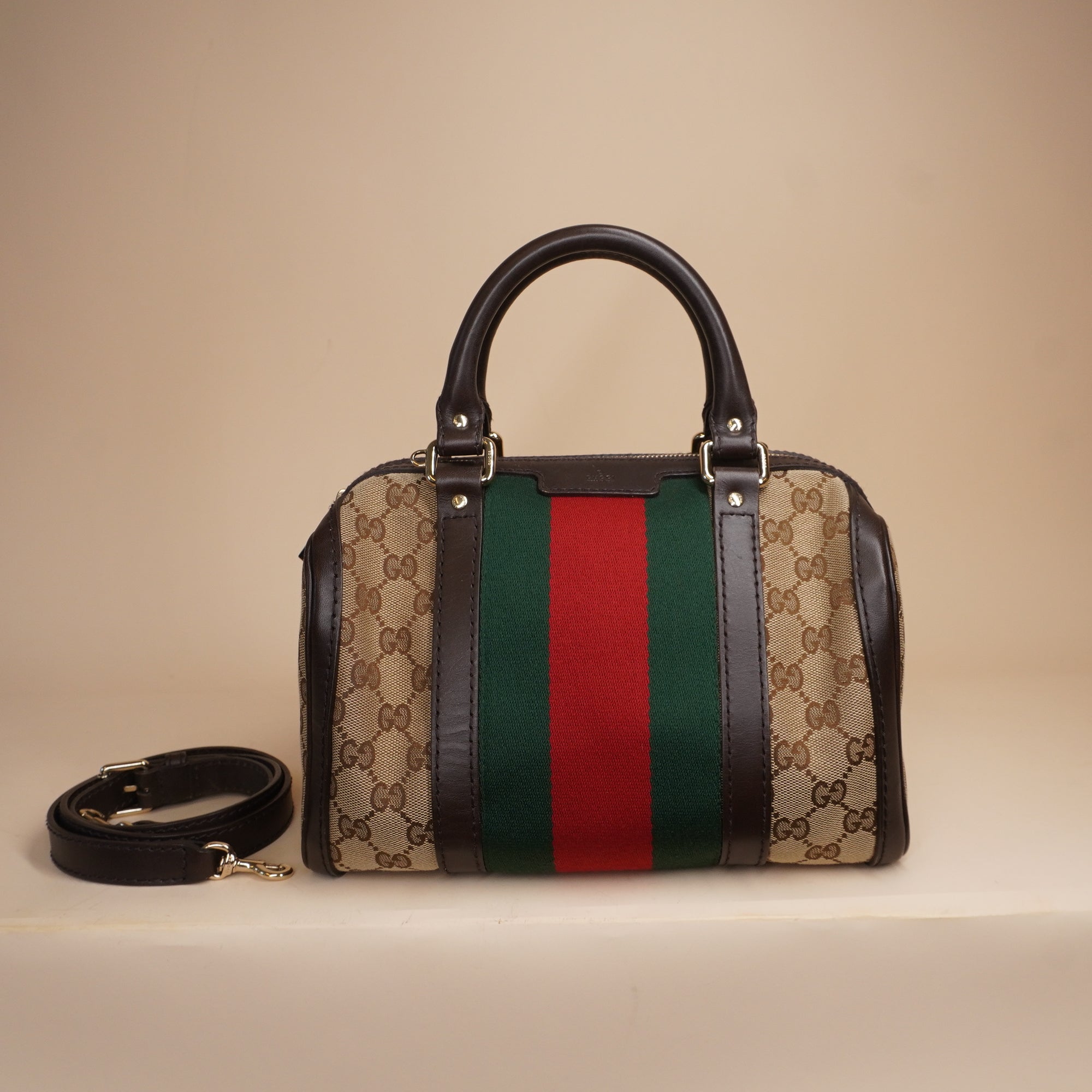 PRE-OWNED GG Canvas Vintage Web Boston Shoulder Bag