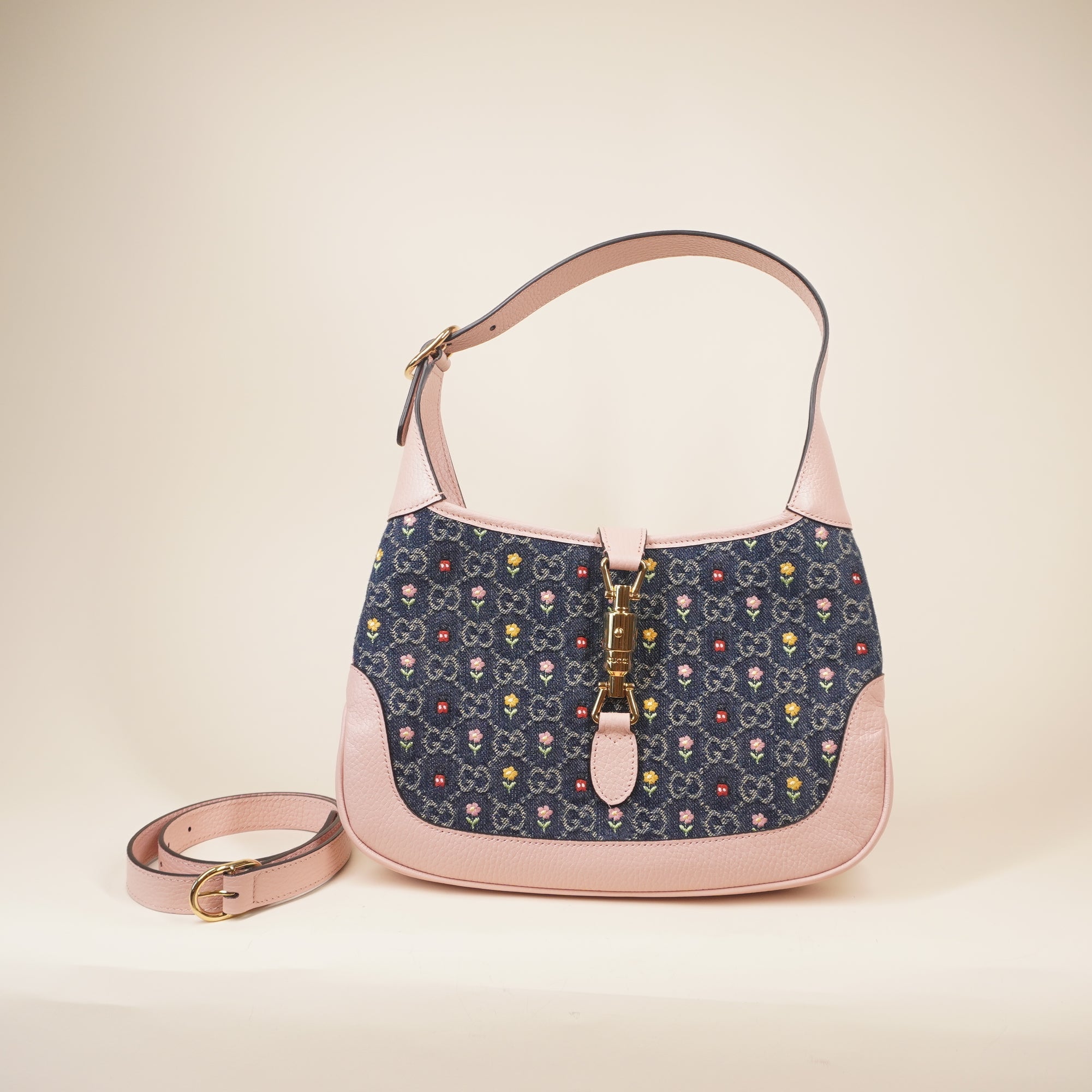 PRE-OWNED Denim GG Monogram Calfskin Love Parade Small Jackie 1961 Hobo