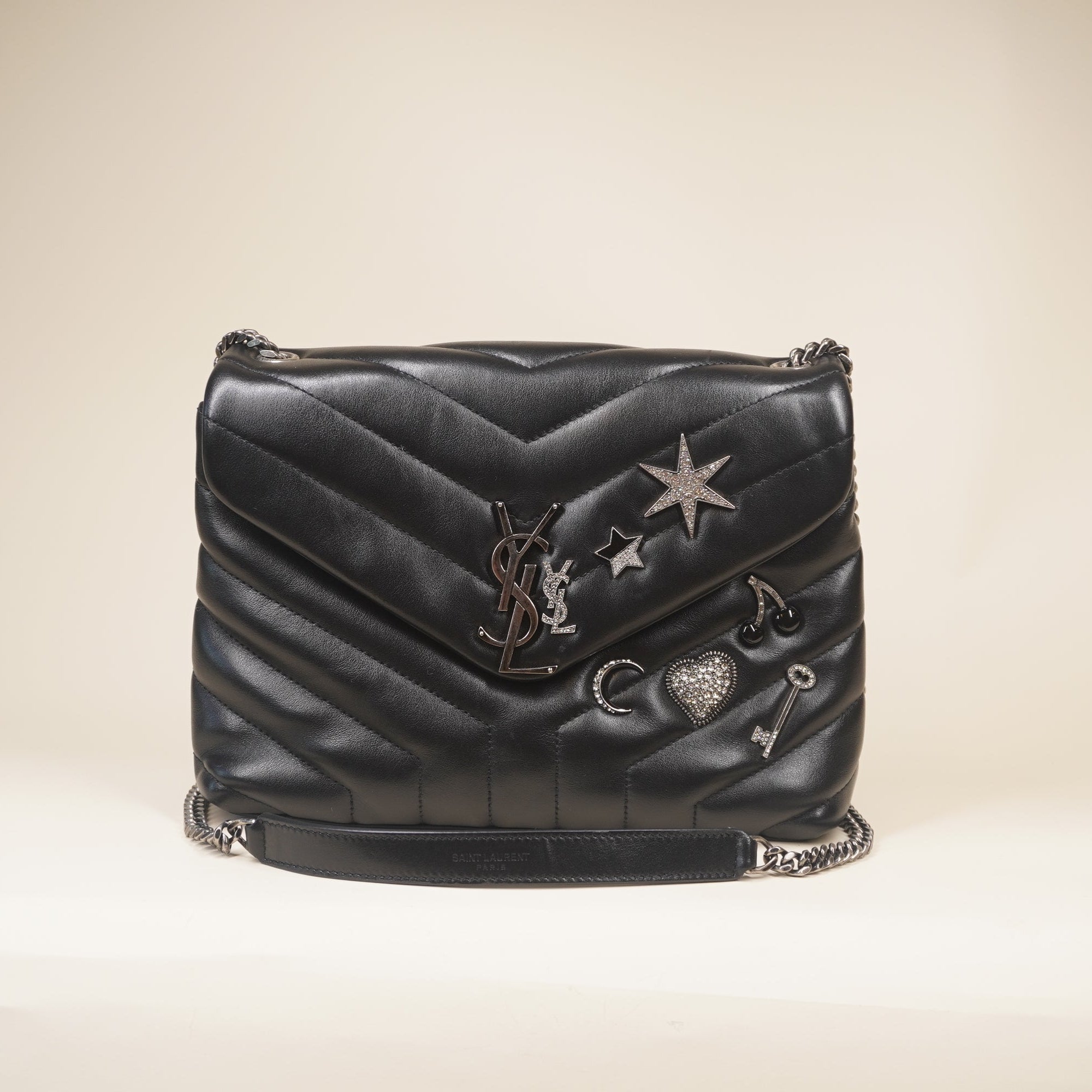 PRE-OWNED Calfskin Y Quilted Monogram Small Charm Loulou Chain Satchel Black