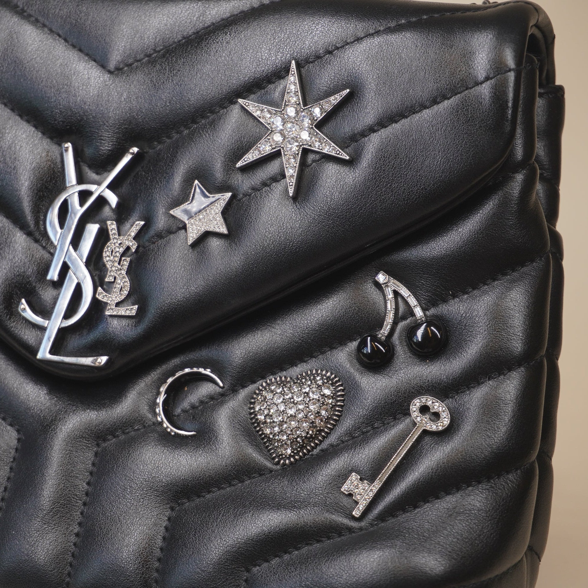 PRE-OWNED Calfskin Y Quilted Monogram Small Charm Loulou Chain Satchel Black