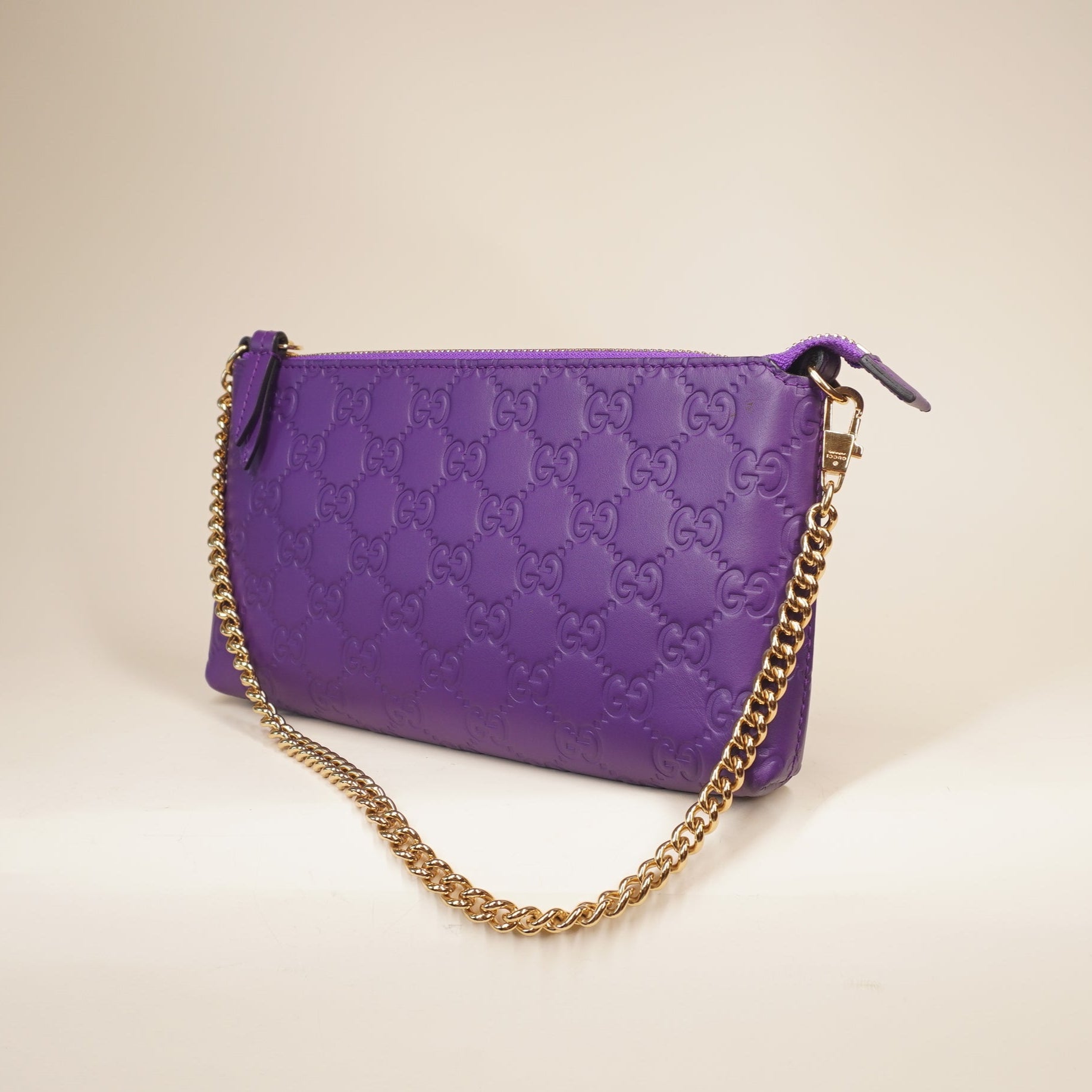 PRE-OWNED GG Purple Chain Wristlet Wallet Guccissima Leather