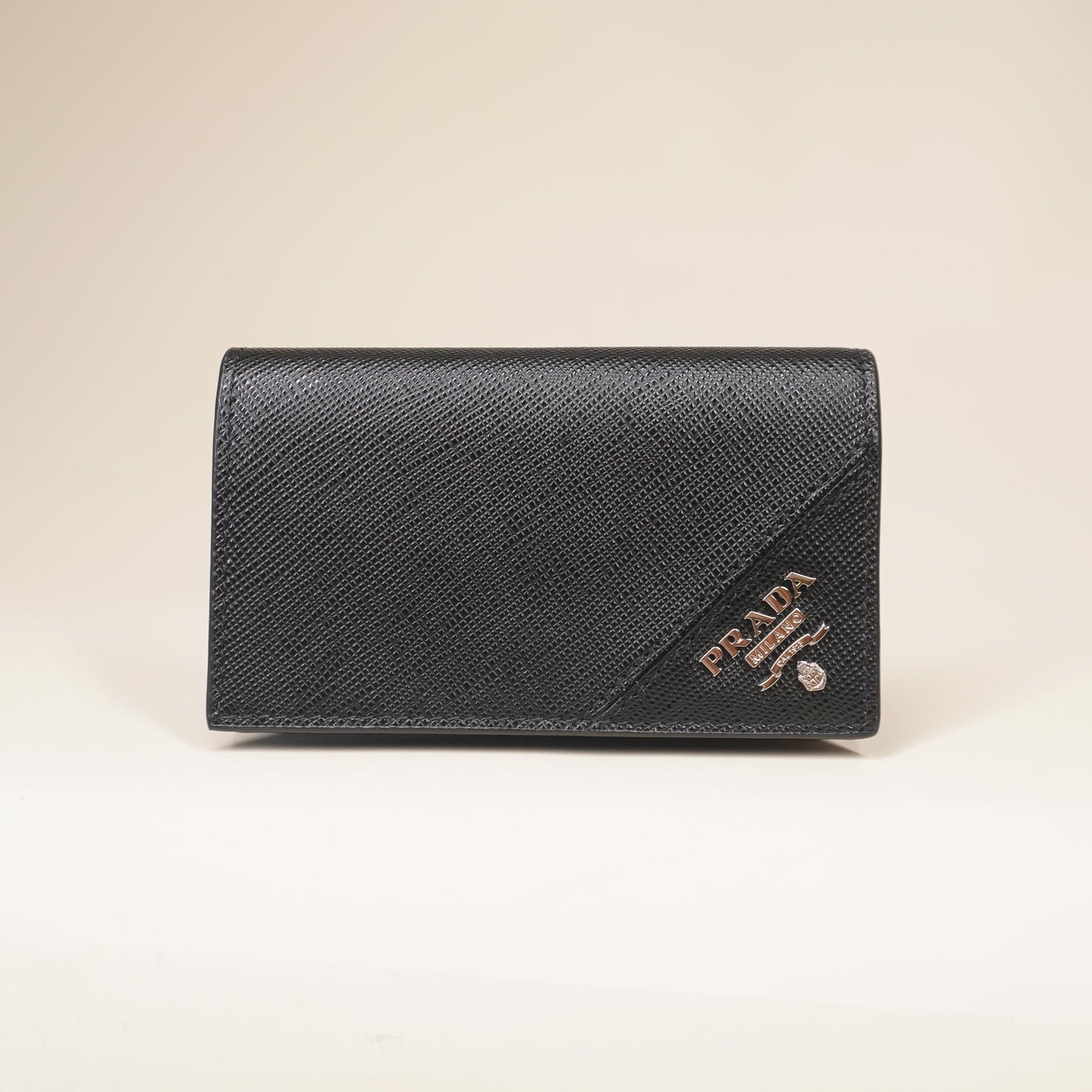 PRE-OWNED Black Saffiano Logo Plaque Cardholder