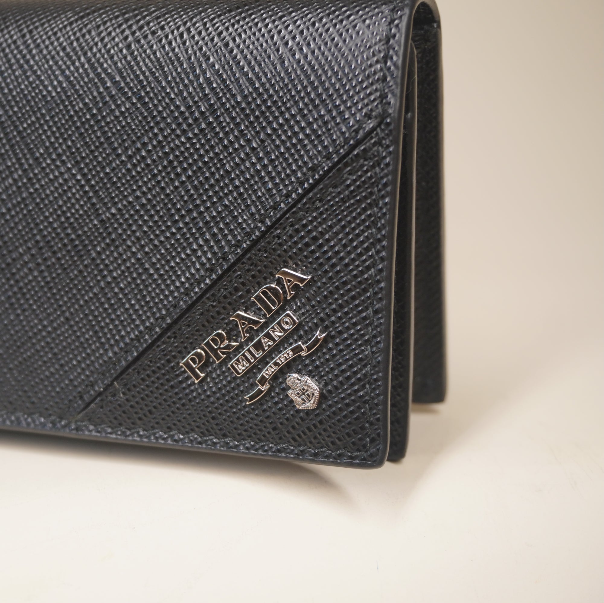 PRE-OWNED Black Saffiano Logo Plaque Cardholder