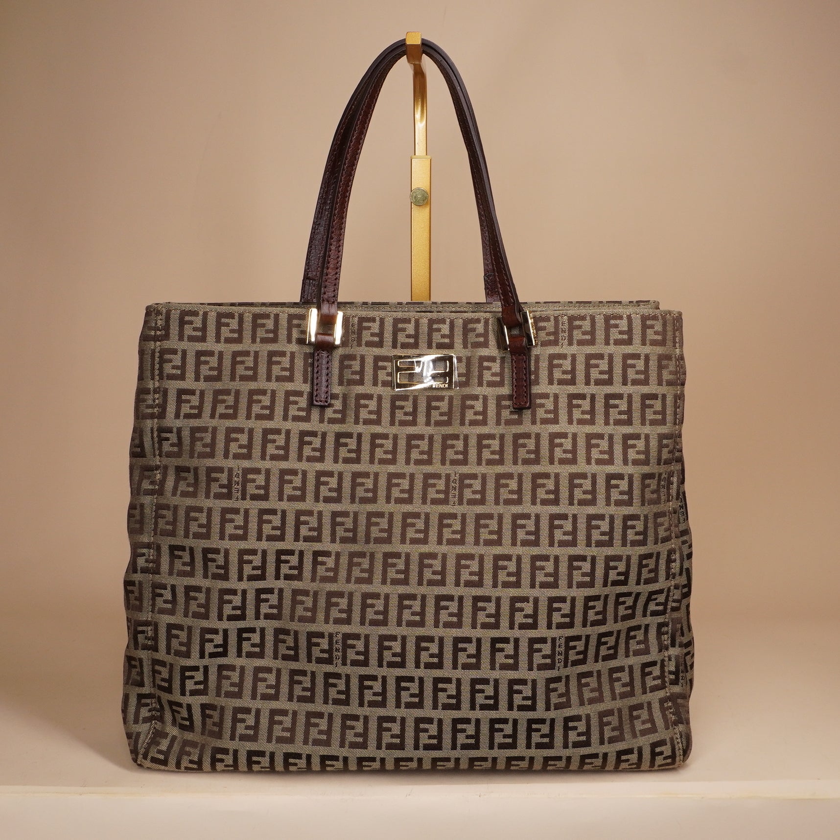 PRE-OWNED FF Beige/Brown Zucchino Canvas Small Tote Bag