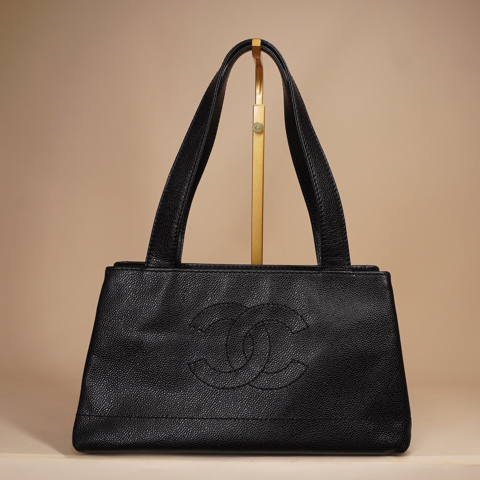 PRE-OWNED CC Cocomark Stitch Black Grained Calfskin Tote Bag