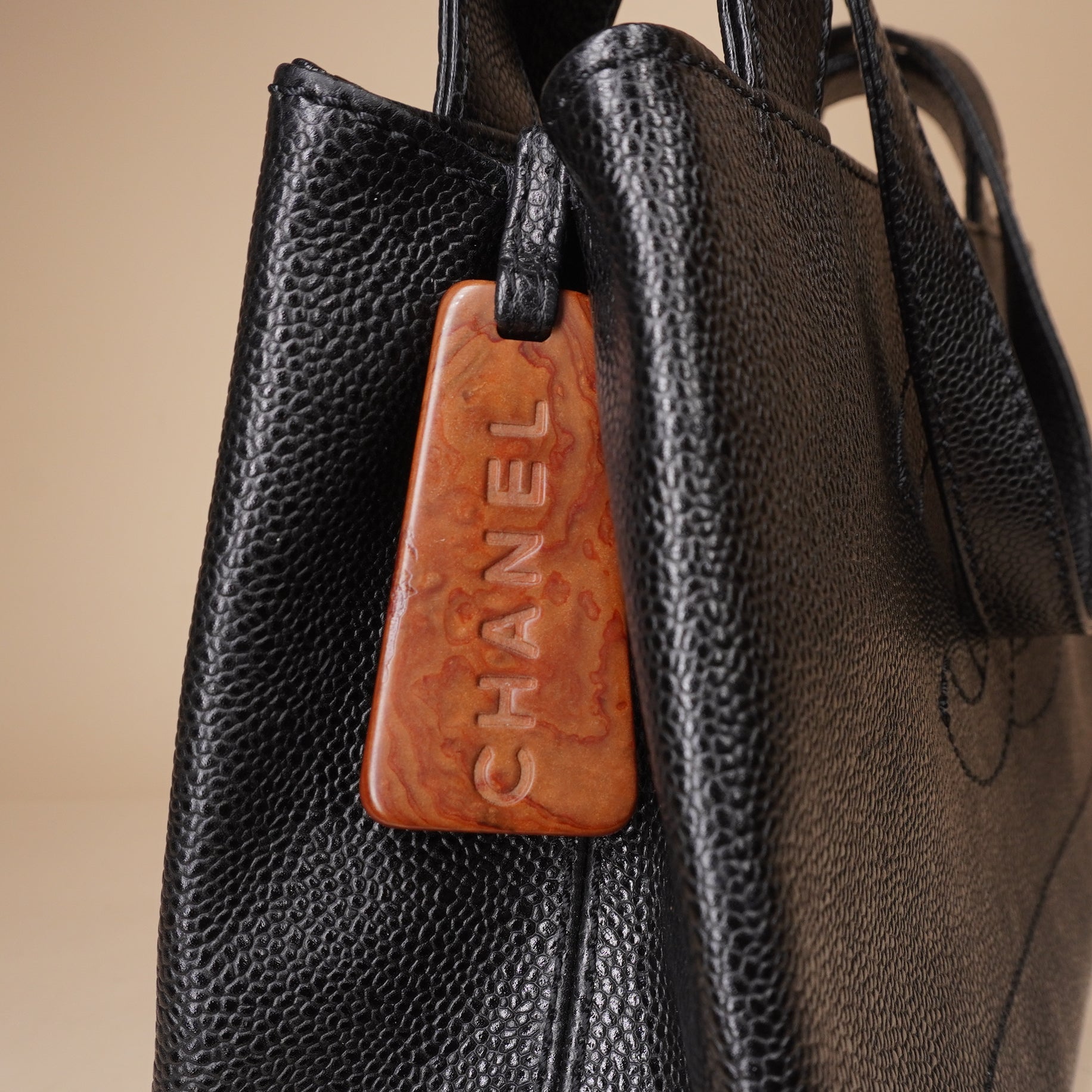 PRE-OWNED CC Cocomark Stitch Black Grained Calfskin Tote Bag