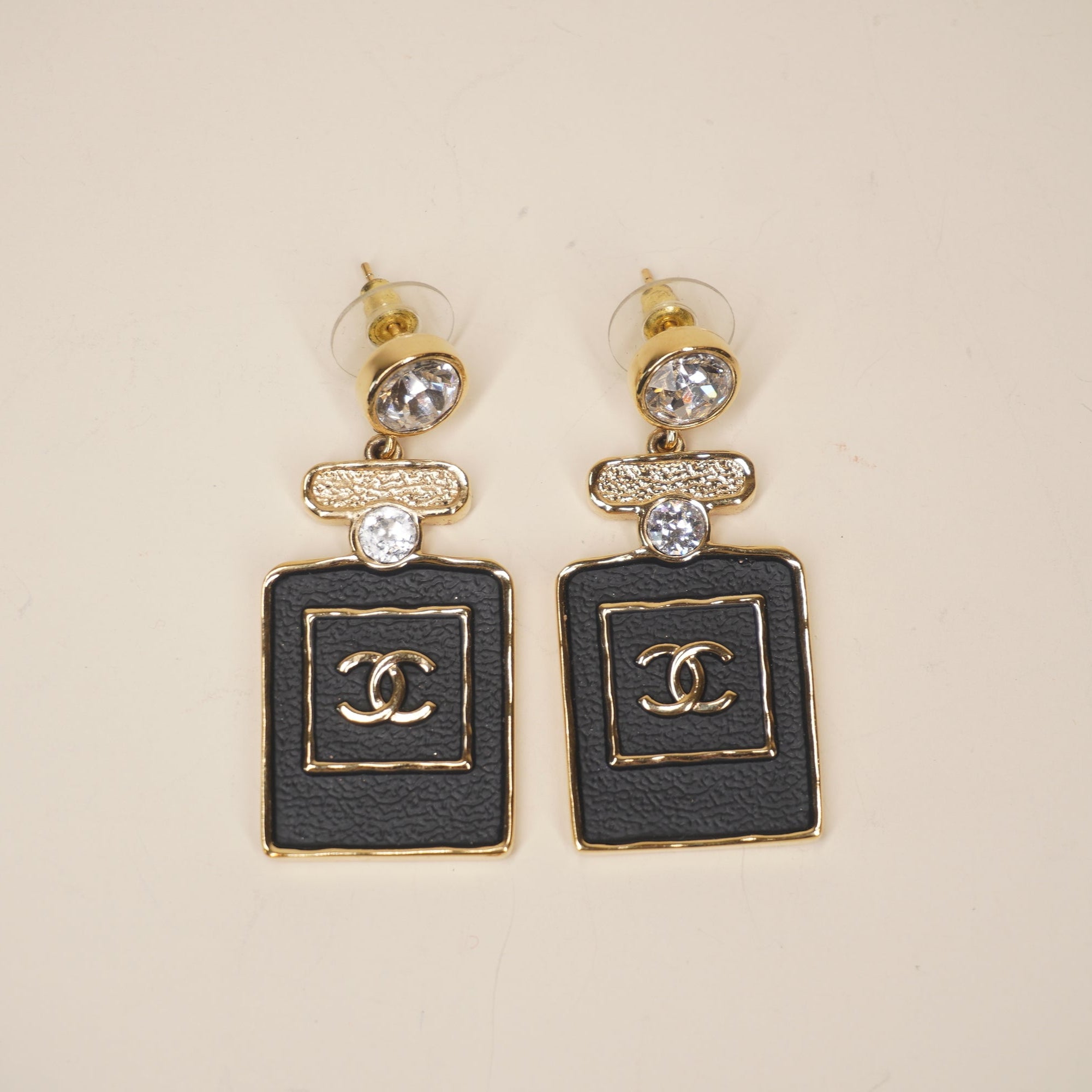 PRE-OWNED CC Black Gold Hardware Rhinestones Coco Earrings