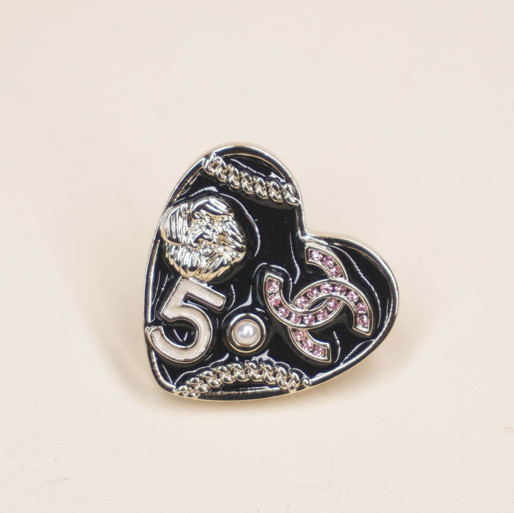 PRE-OWNED CC Coco Mark Camellia No.5 Gold Black Multi Hardware Rhinestones Brooch