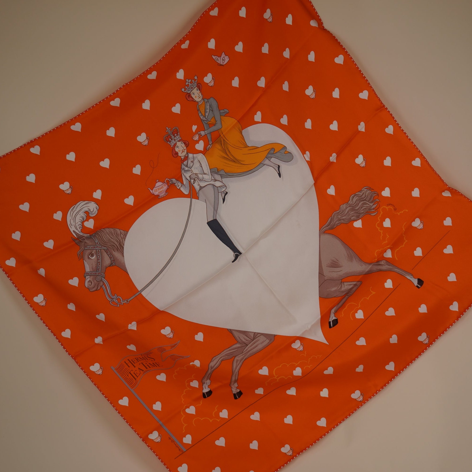 PRE-OWNED Silk Tea Time Scarf 70 Orange Gris White