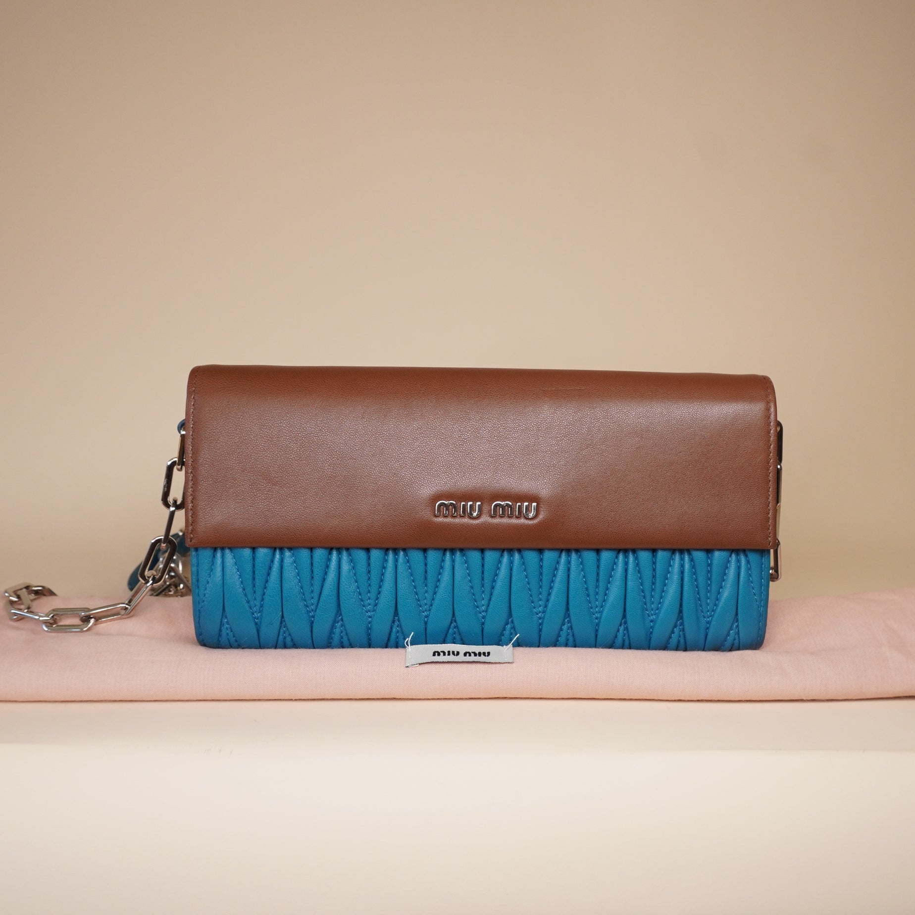 PRE-OWNED Blue and Brown Matelasee Leather Flap Wallet on Chain Crossbody Bag