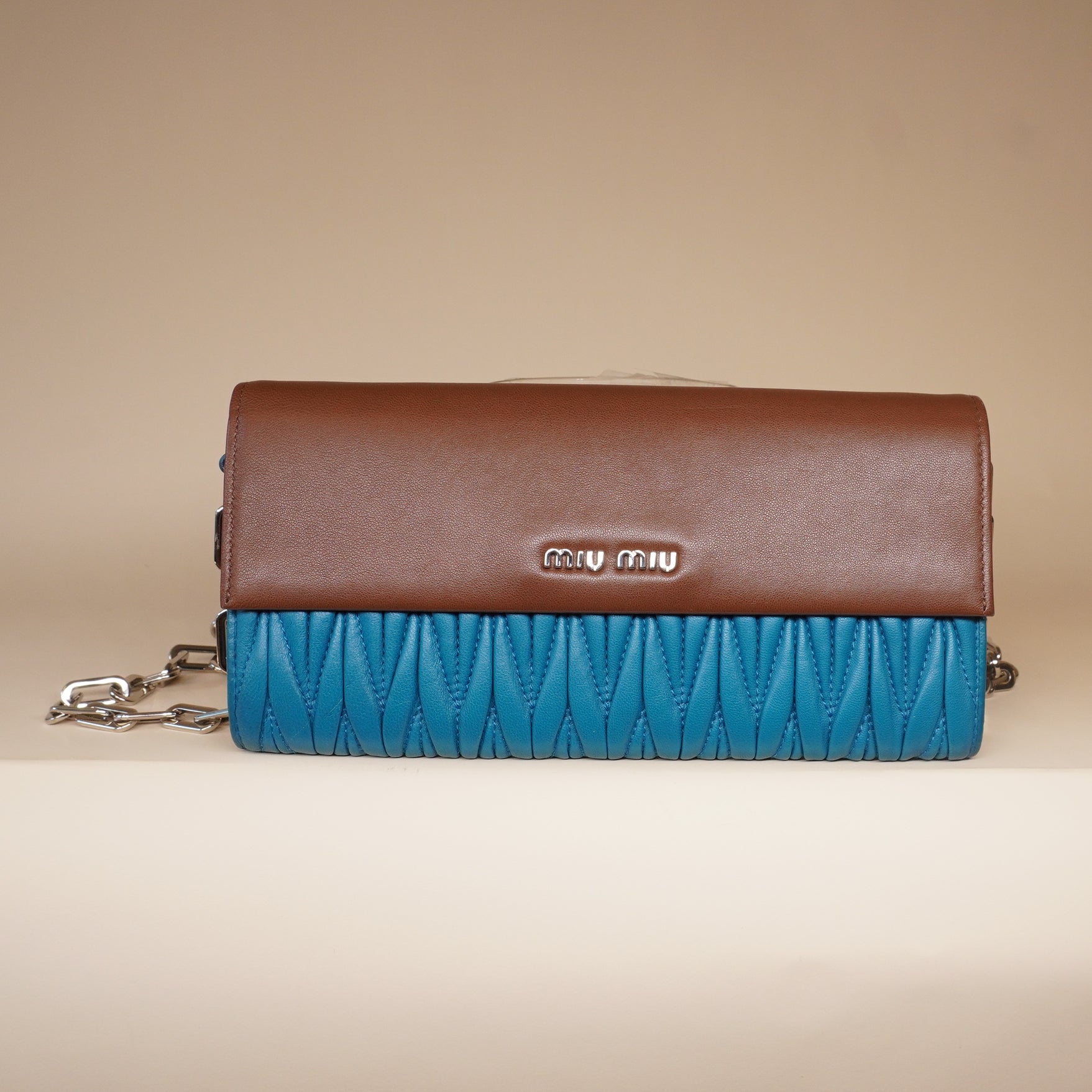 PRE-OWNED Blue and Brown Matelasee Leather Flap Wallet on Chain Crossbody Bag