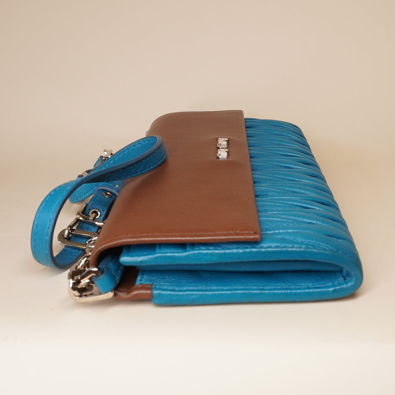 PRE-OWNED Blue and Brown Matelasee Leather Flap Wallet on Chain Crossbody Bag