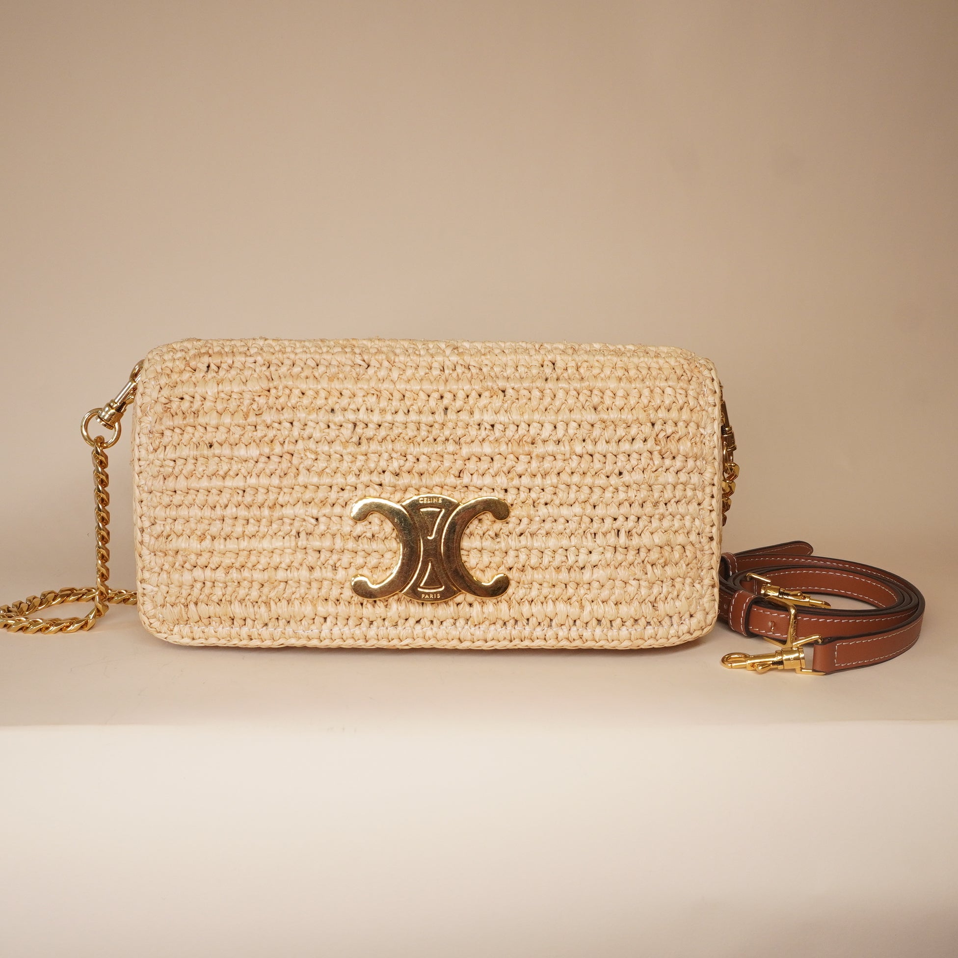 PRE-OWNED Raffia Calfskin Multipochette Natural Crossbody Bag