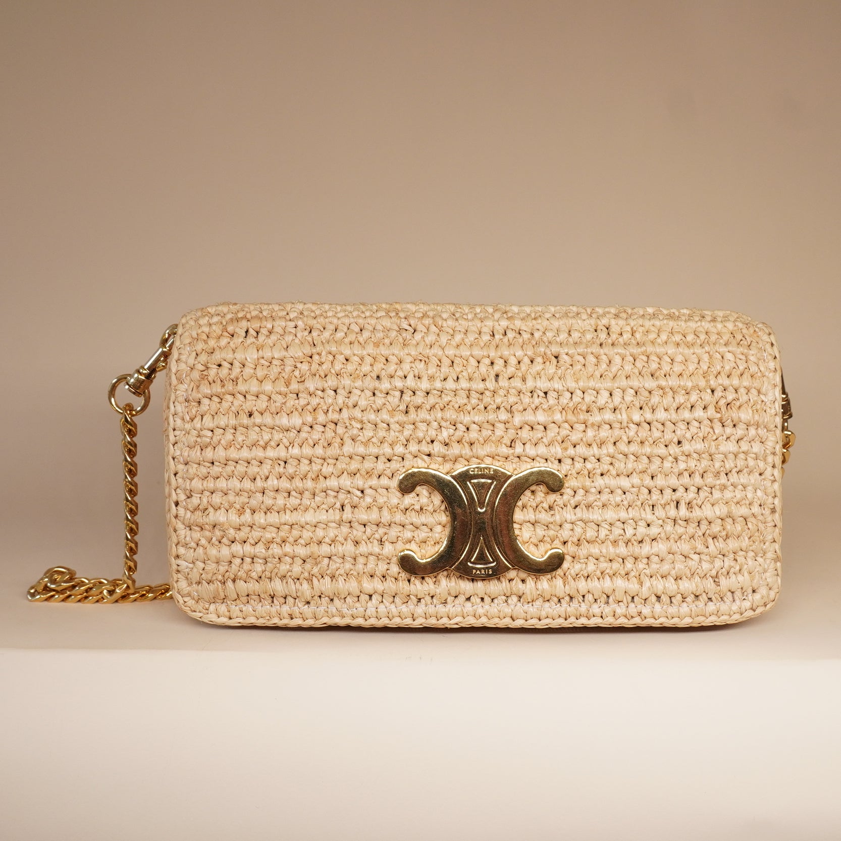 PRE-OWNED Raffia Calfskin Multipochette Natural Crossbody Bag