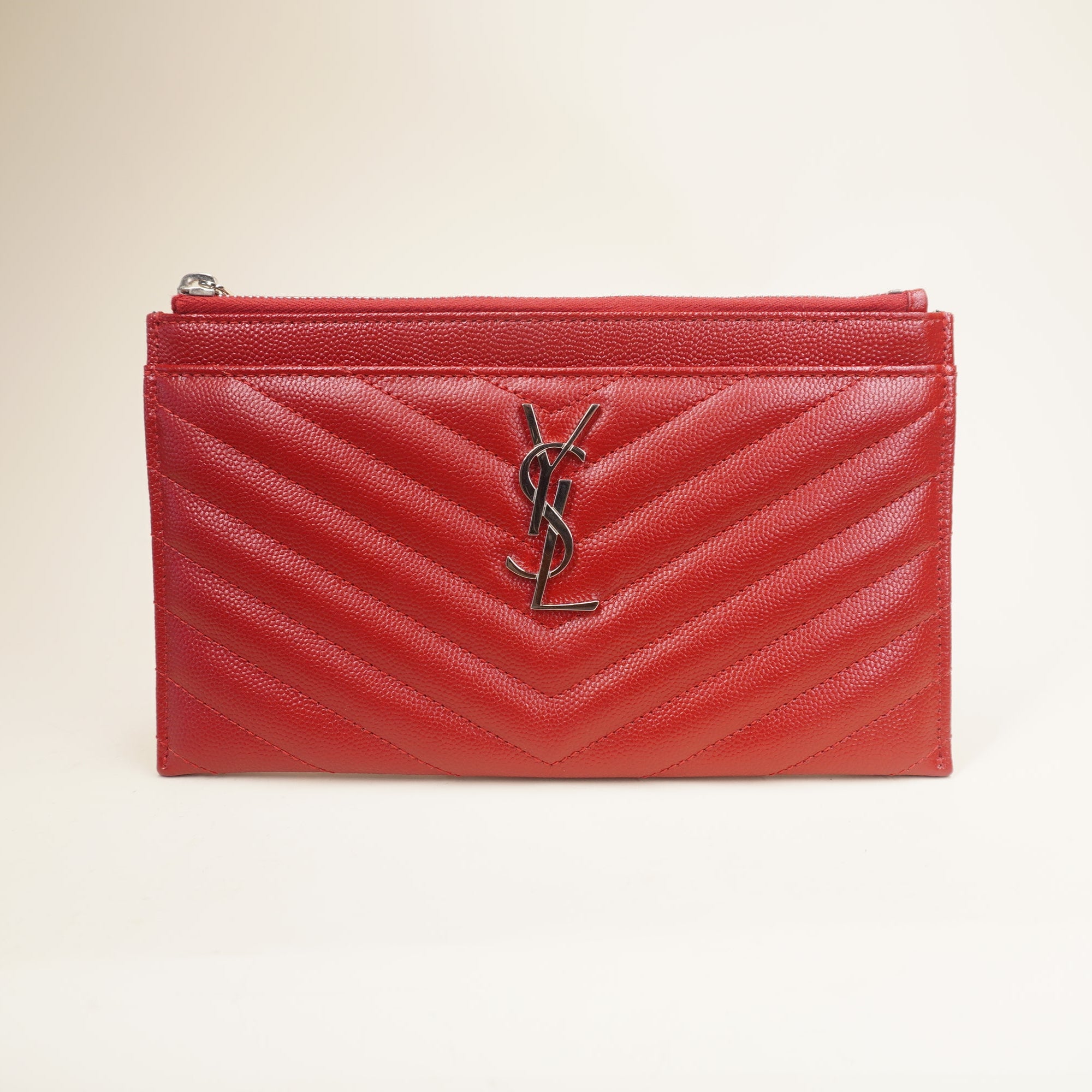 PRE-OWNED  Grain De Poudre Chevron Monogram Bill Pouch Red