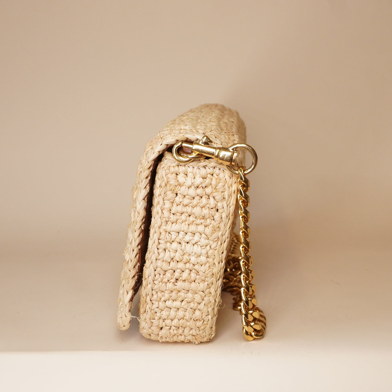 PRE-OWNED Raffia Calfskin Multipochette Natural Crossbody Bag