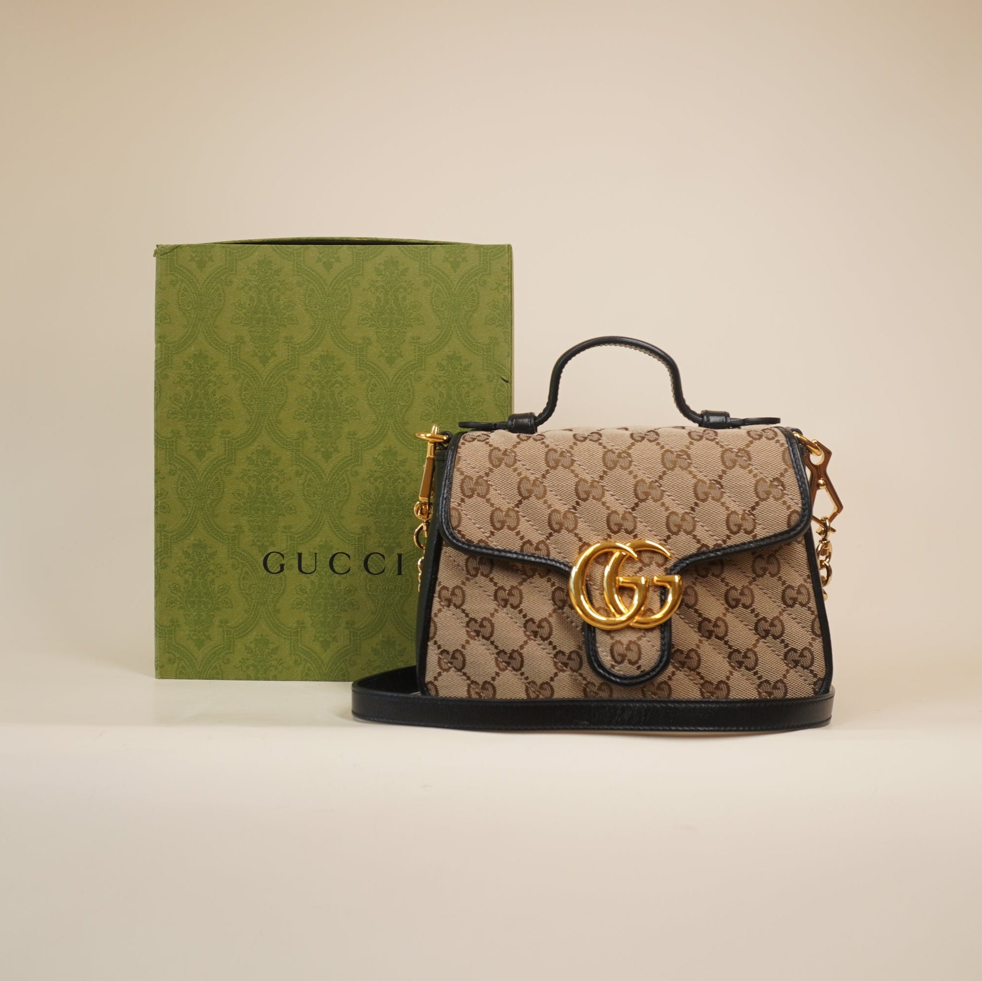 PRE-OWNED Monogram Azalea Calfskin Matelasse Diagonal Small GG Marmont Top Handle Shoulder Bag