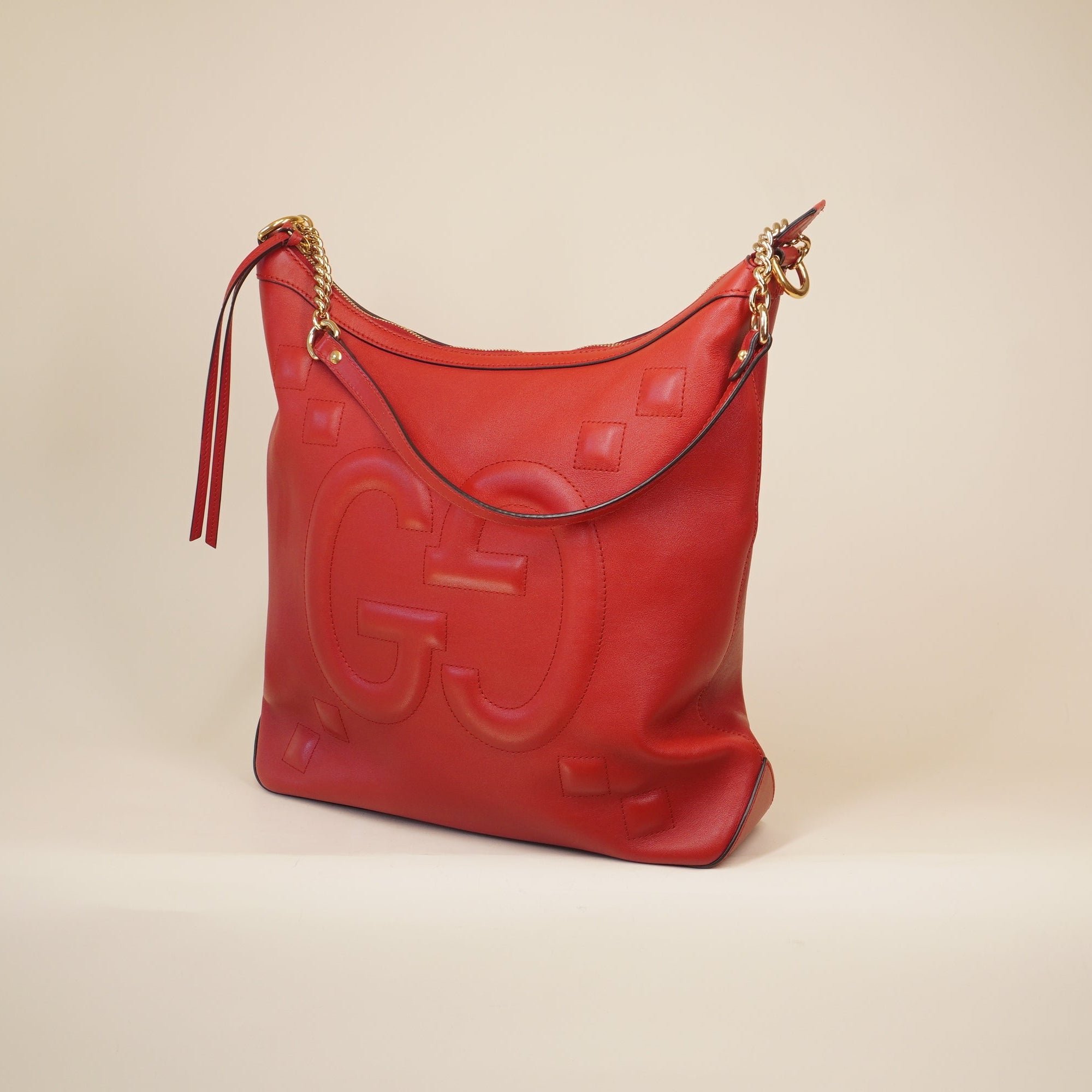 PRE-OWNED Apollo Calfskin GG Dadini Embroidered Chain Hobo Hibiscus Red