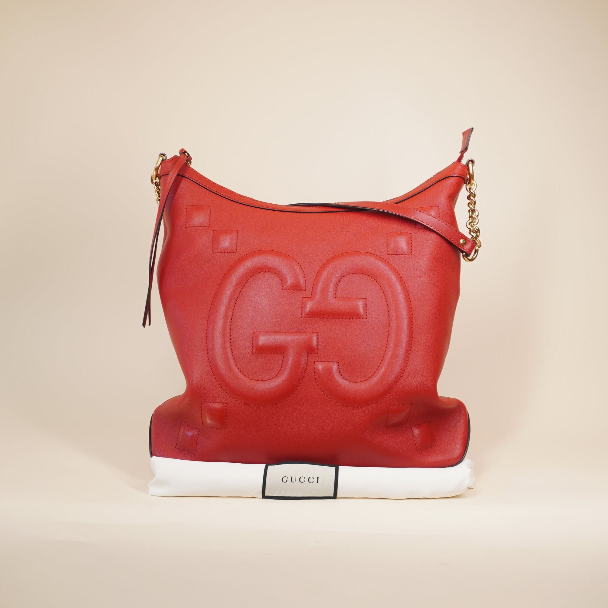 PRE-OWNED Apollo Calfskin GG Dadini Embroidered Chain Hobo Hibiscus Red