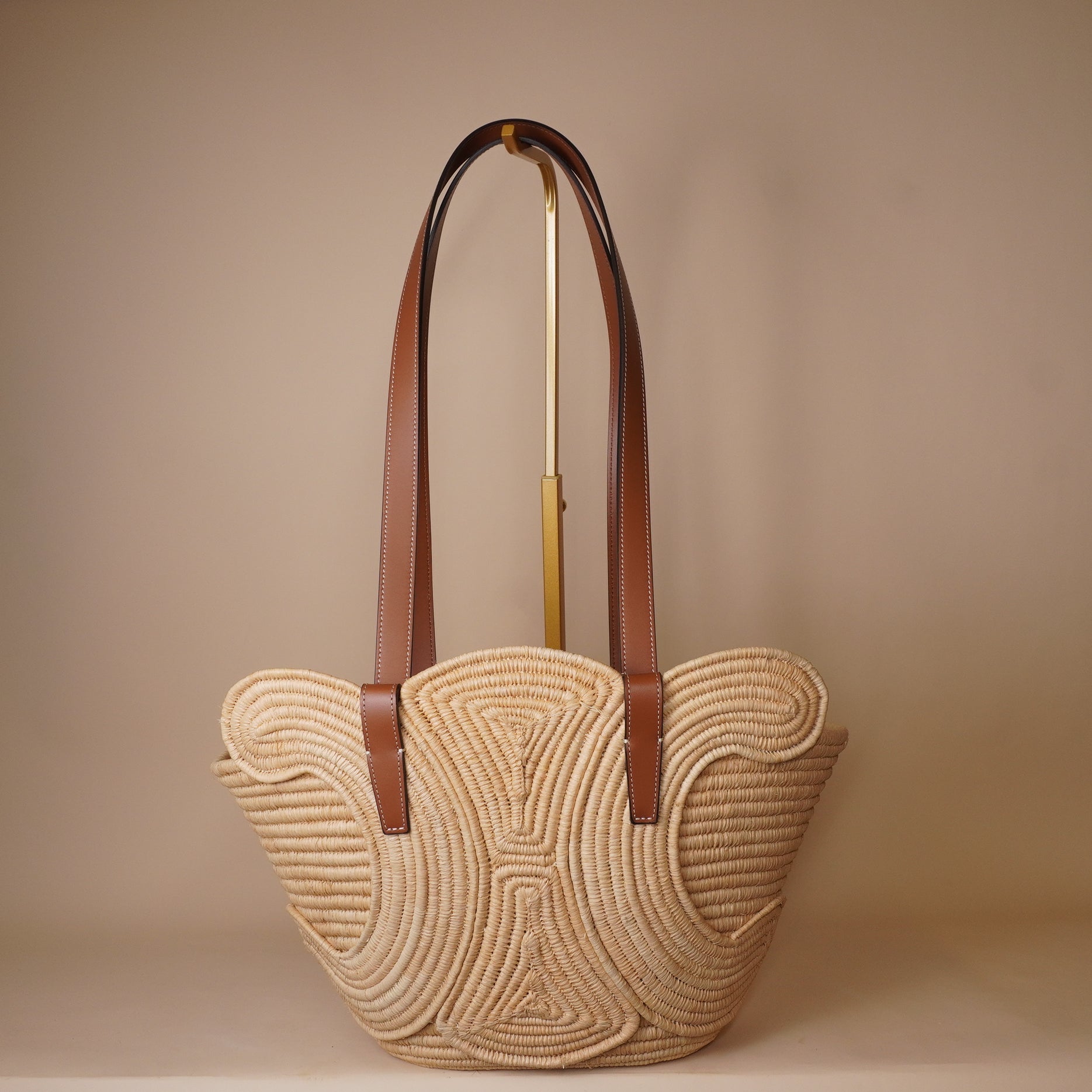 PRE-OWNED Braided Raffia Calfskin Triomphe Small Panier Tan