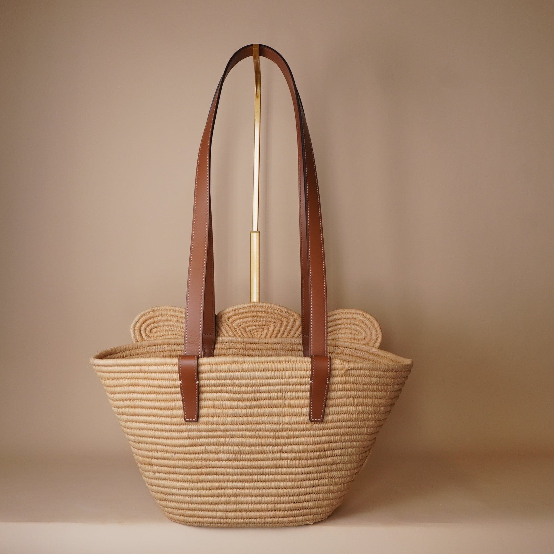 PRE-OWNED Braided Raffia Calfskin Triomphe Small Panier Tan