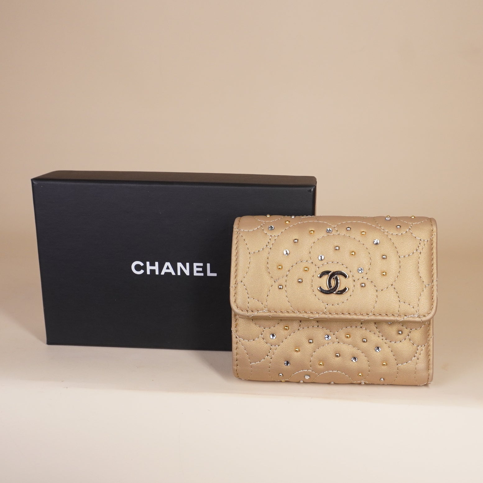 PRE-OWNED CC Metallic Gold Camellia Studded Small Flap Wallet