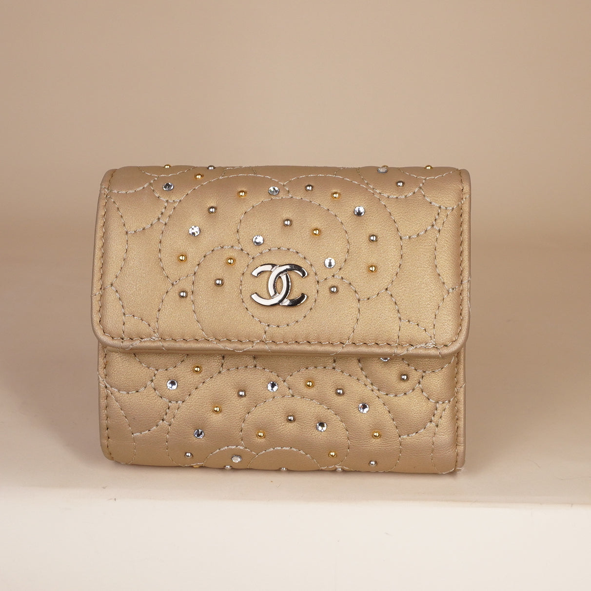 PRE-OWNED CC Metallic Gold Camellia Studded Small Flap Wallet