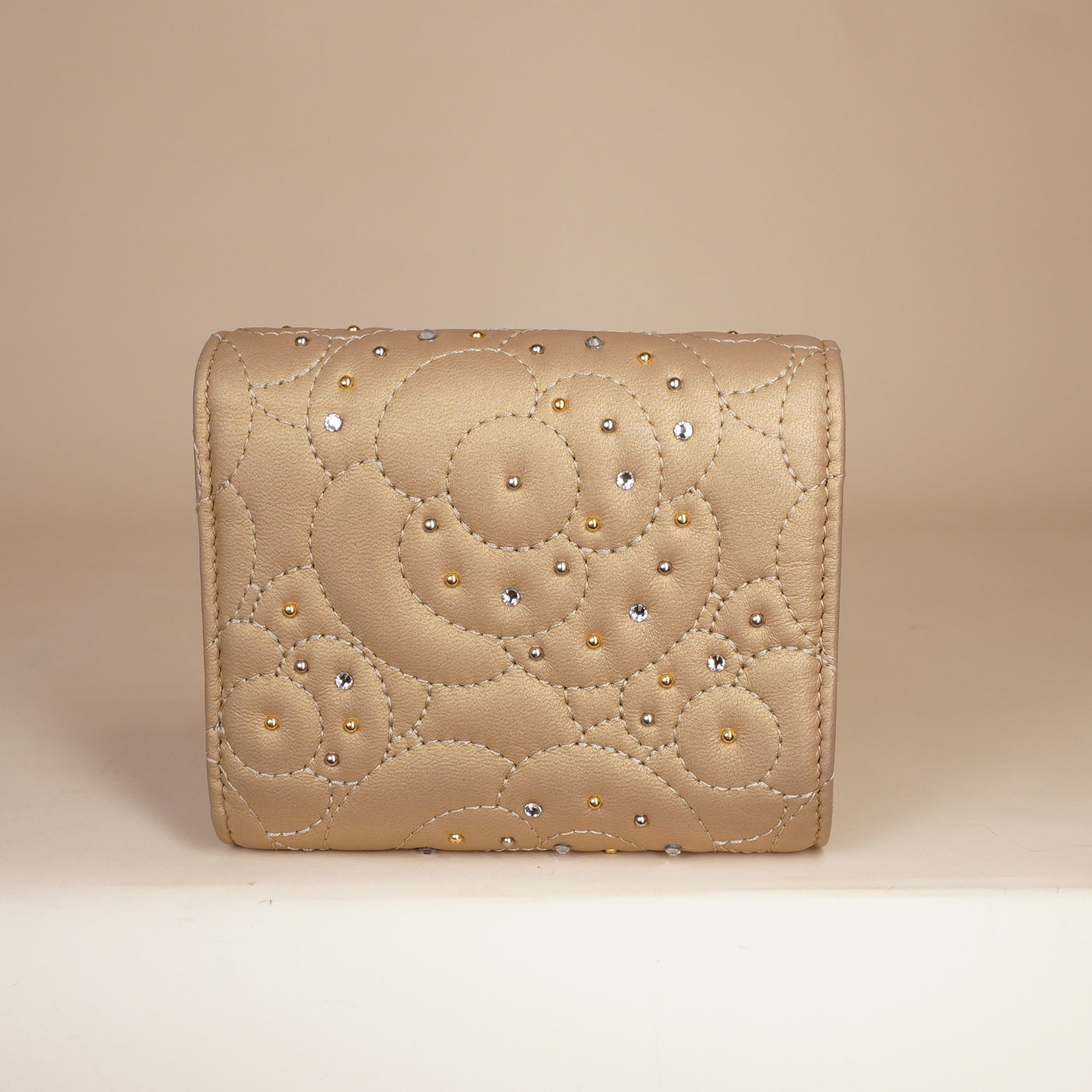PRE-OWNED CC Metallic Gold Camellia Studded Small Flap Wallet