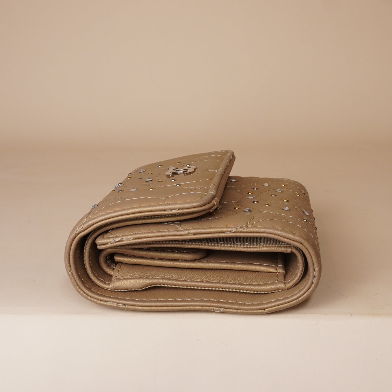 PRE-OWNED CC Metallic Gold Camellia Studded Small Flap Wallet