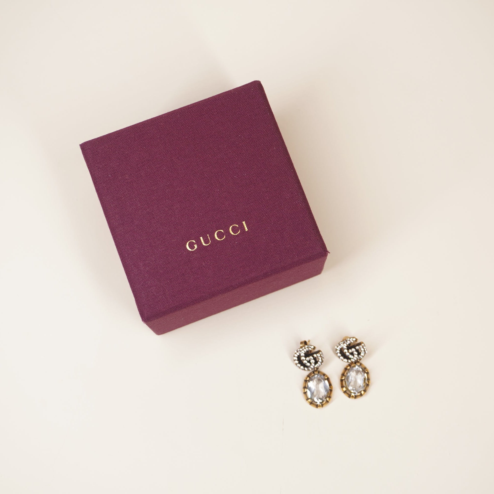 PRE-OWNED GG Metal Crystal Double G Drop Earrings Aged Gold