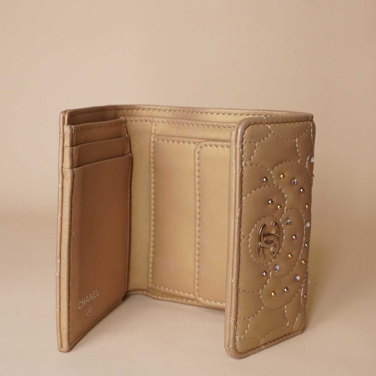 PRE-OWNED CC Metallic Gold Camellia Studded Small Flap Wallet