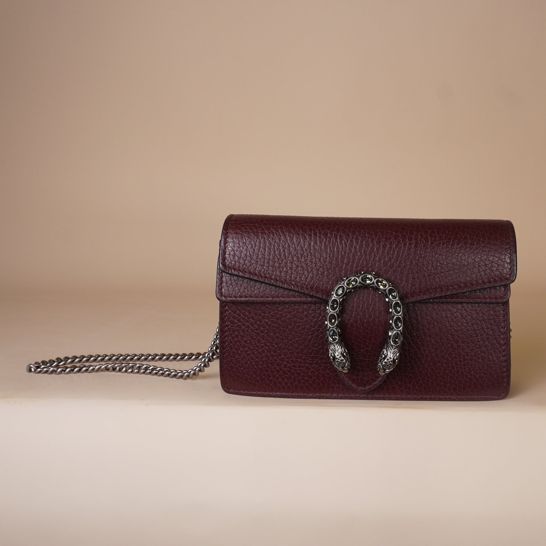 PRE-OWNED GG Dollar Calfskin Crystal Mini Dionysus Shoulder Bag Vintage Bordeaux