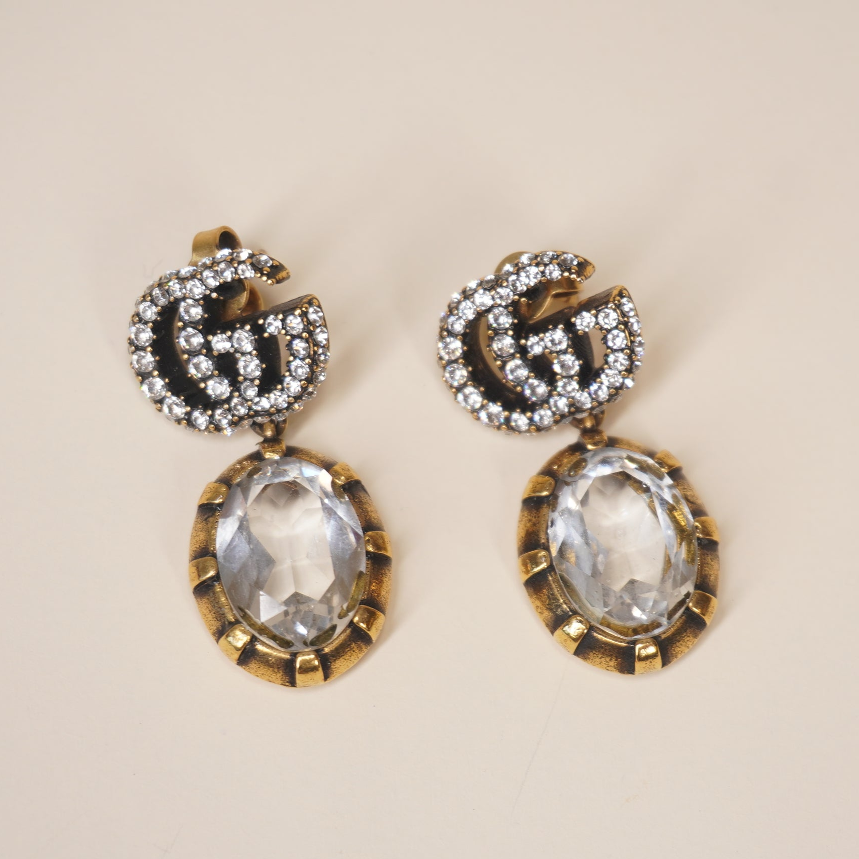 PRE-OWNED GG Metal Crystal Double G Drop Earrings Aged Gold
