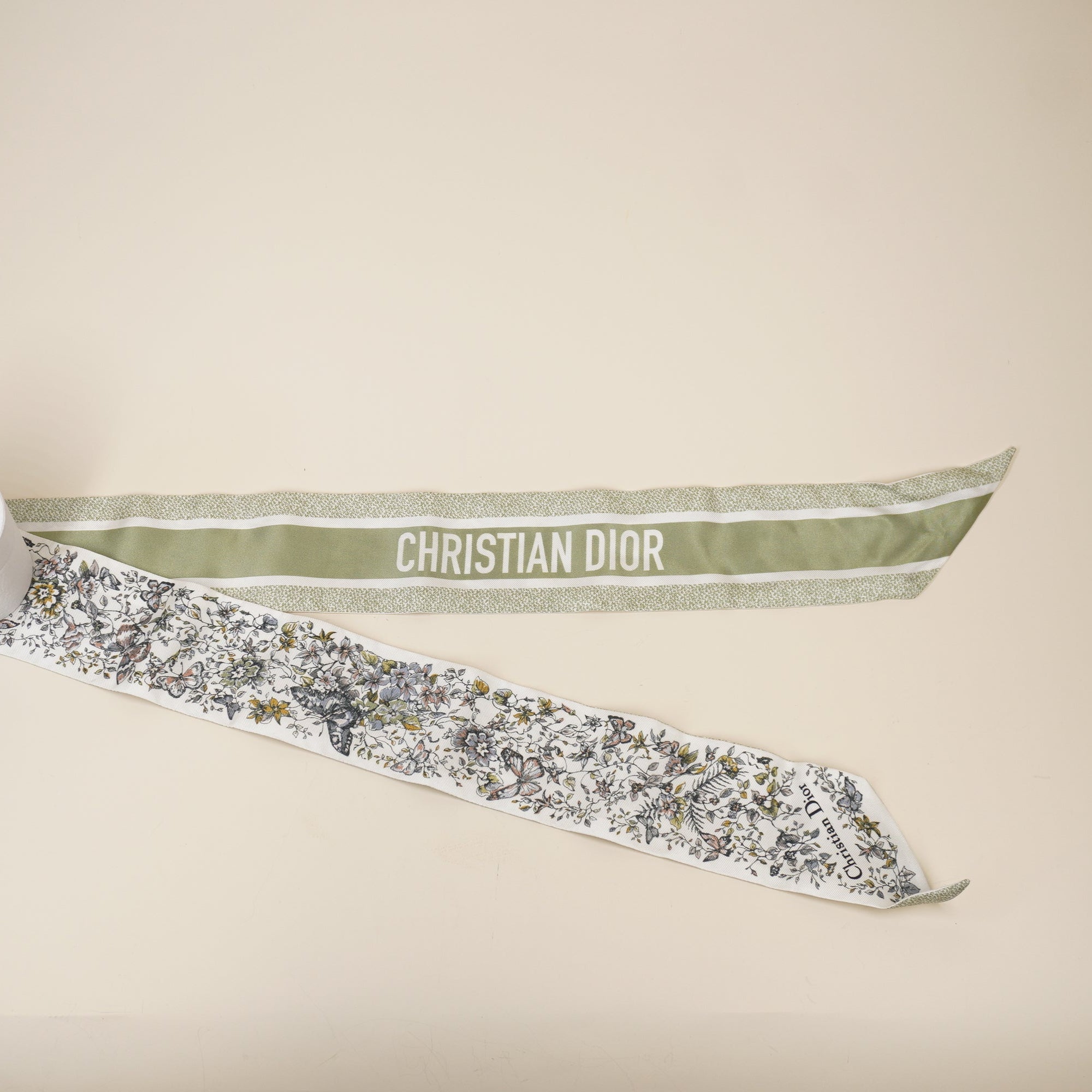 PRE-OWNED Mocha Green Flowers and Butterflies Twilly