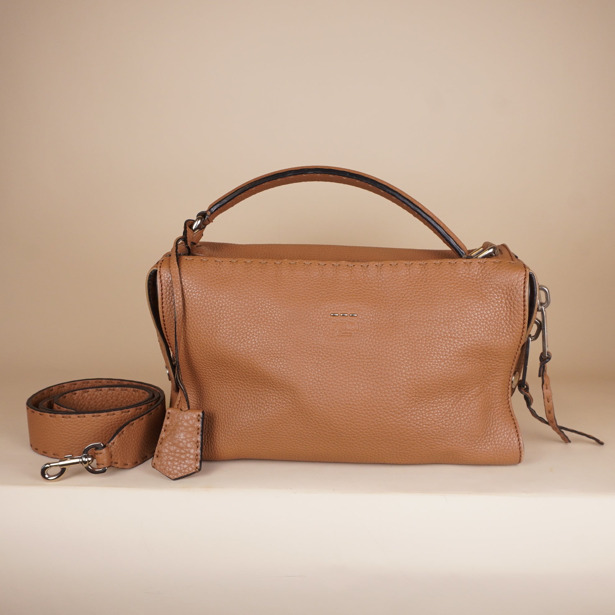 PRE-OWNED FF Taupe Roman Selleria Leather Lei Boston Bag