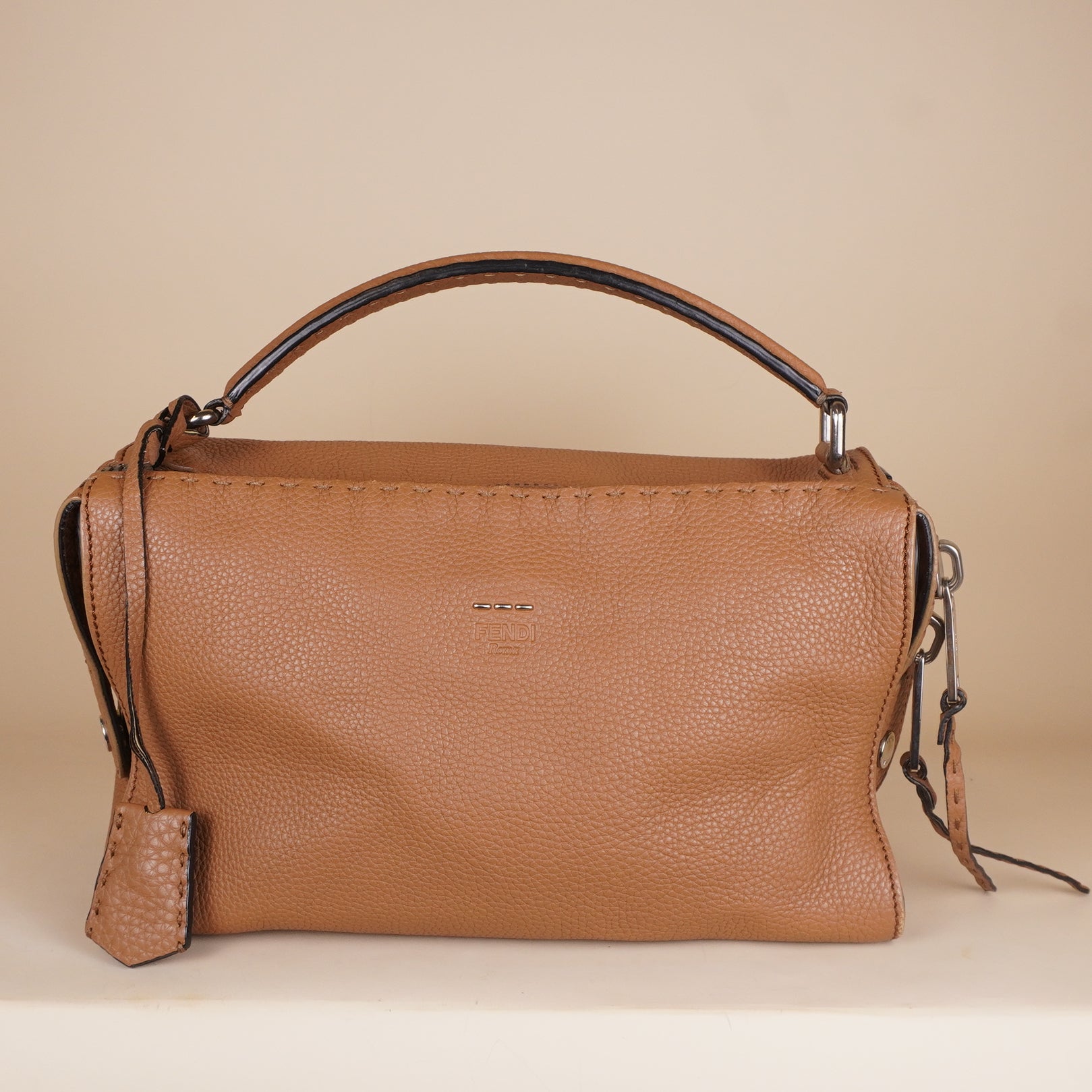 PRE-OWNED FF Taupe Roman Selleria Leather Lei Boston Bag