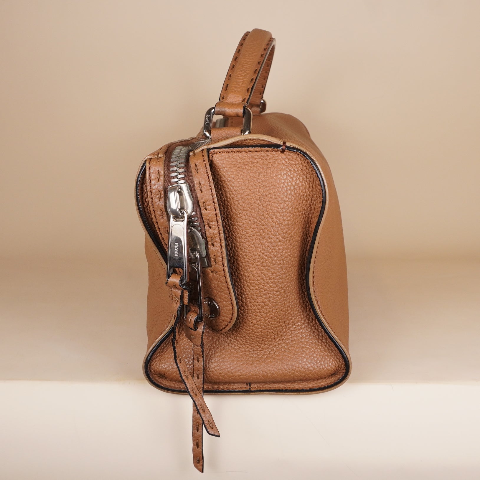PRE-OWNED FF Taupe Roman Selleria Leather Lei Boston Bag