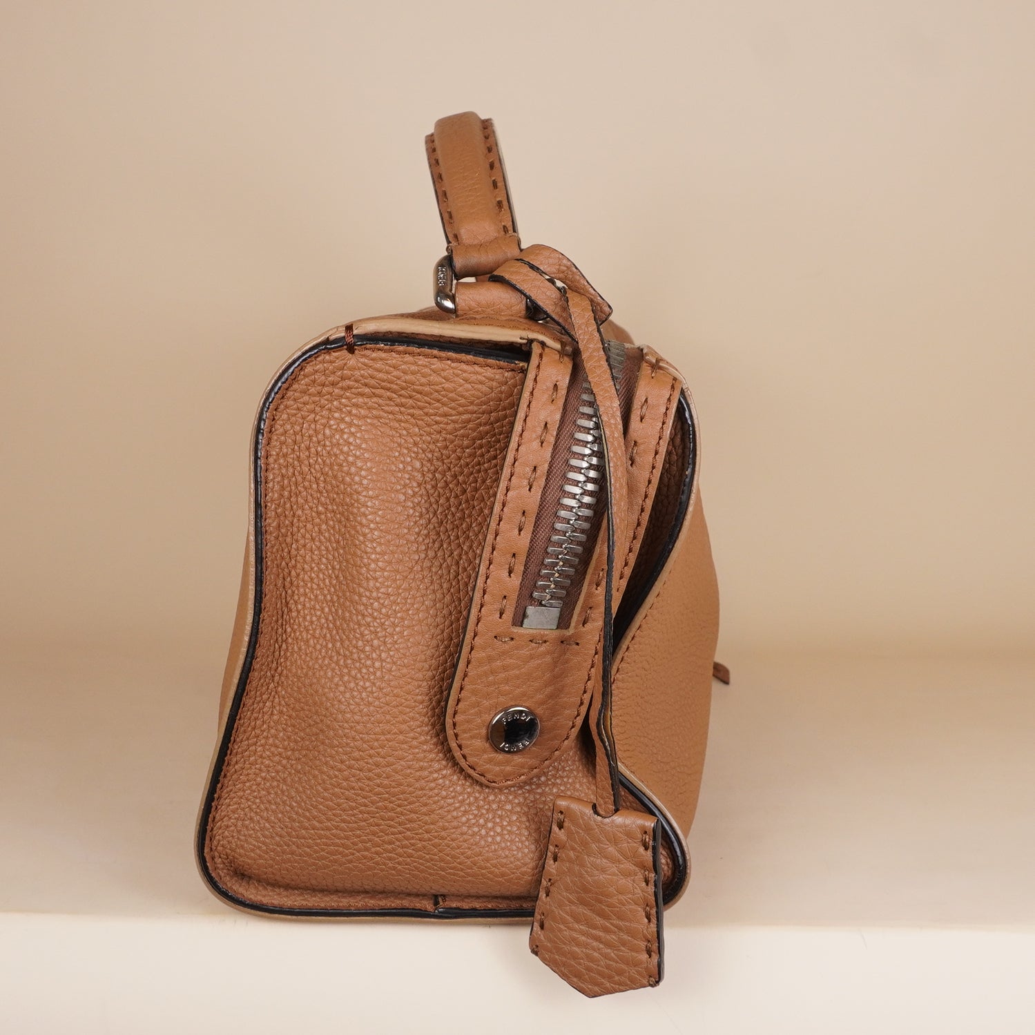 PRE-OWNED FF Taupe Roman Selleria Leather Lei Boston Bag