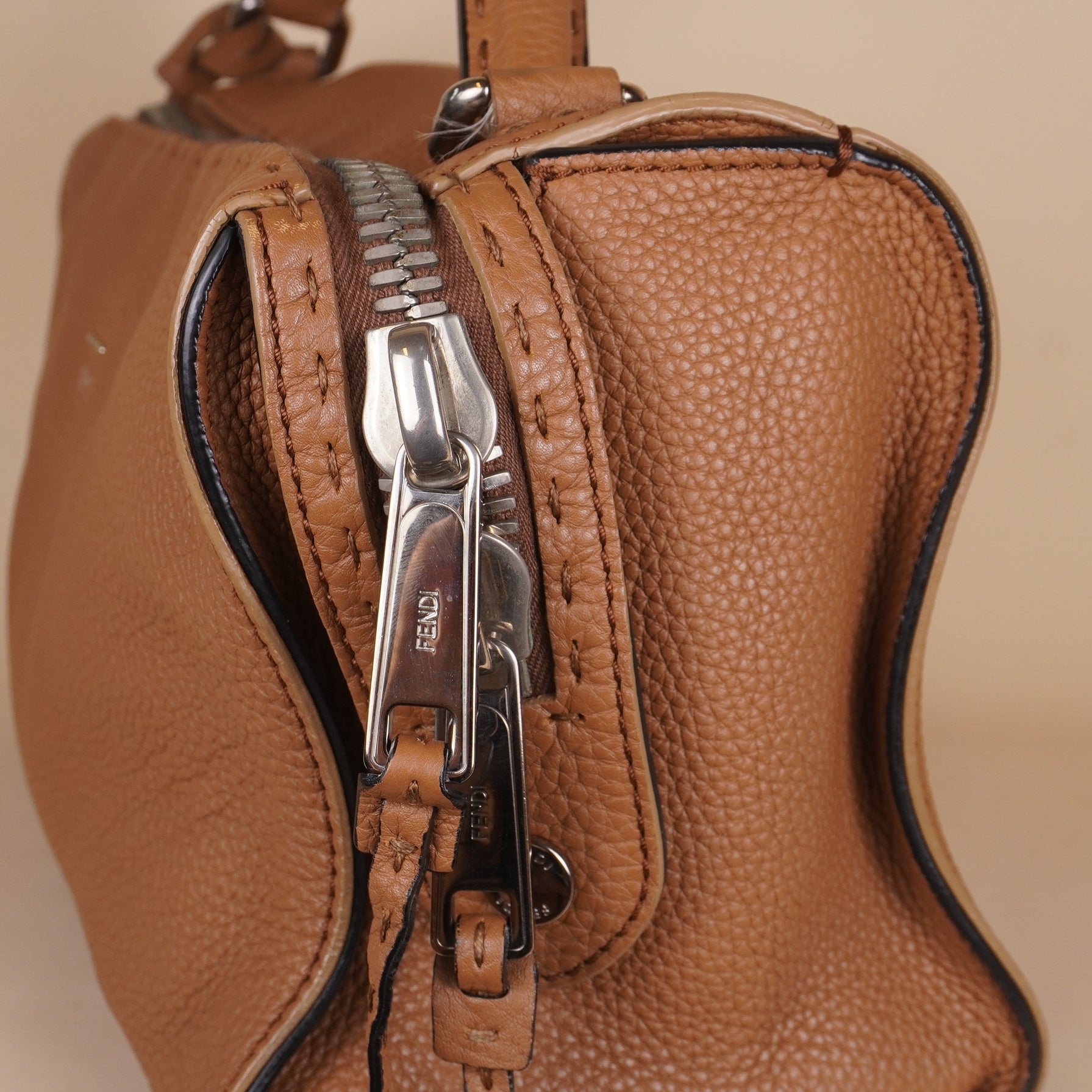 PRE-OWNED FF Taupe Roman Selleria Leather Lei Boston Bag