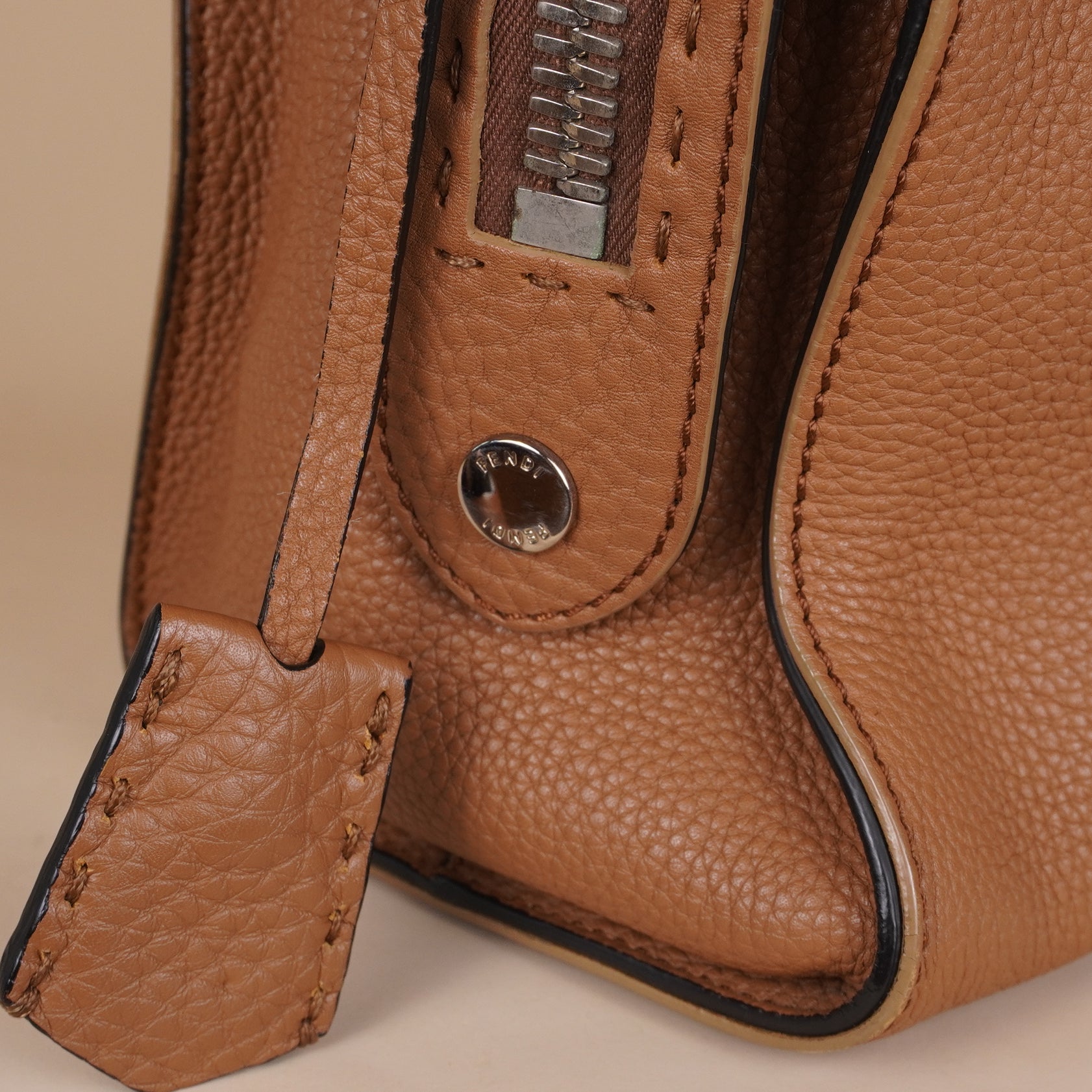 PRE-OWNED FF Taupe Roman Selleria Leather Lei Boston Bag