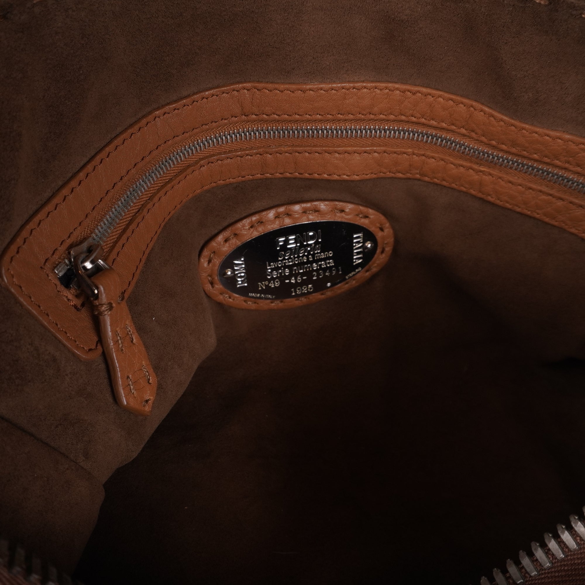 PRE-OWNED FF Taupe Roman Selleria Leather Lei Boston Bag