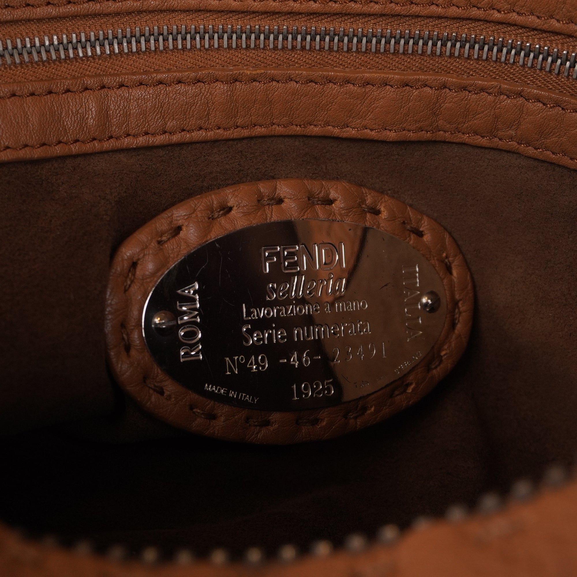 PRE-OWNED FF Taupe Roman Selleria Leather Lei Boston Bag