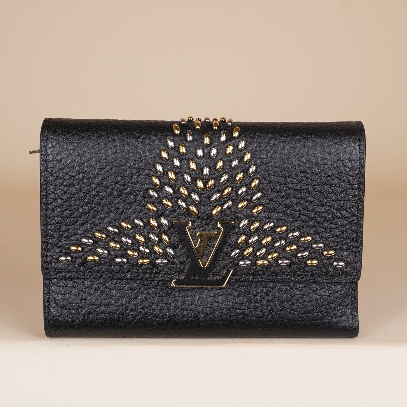 PRE-OWNED LV Capucine Compact Tri-Fold Wallet Black Leather